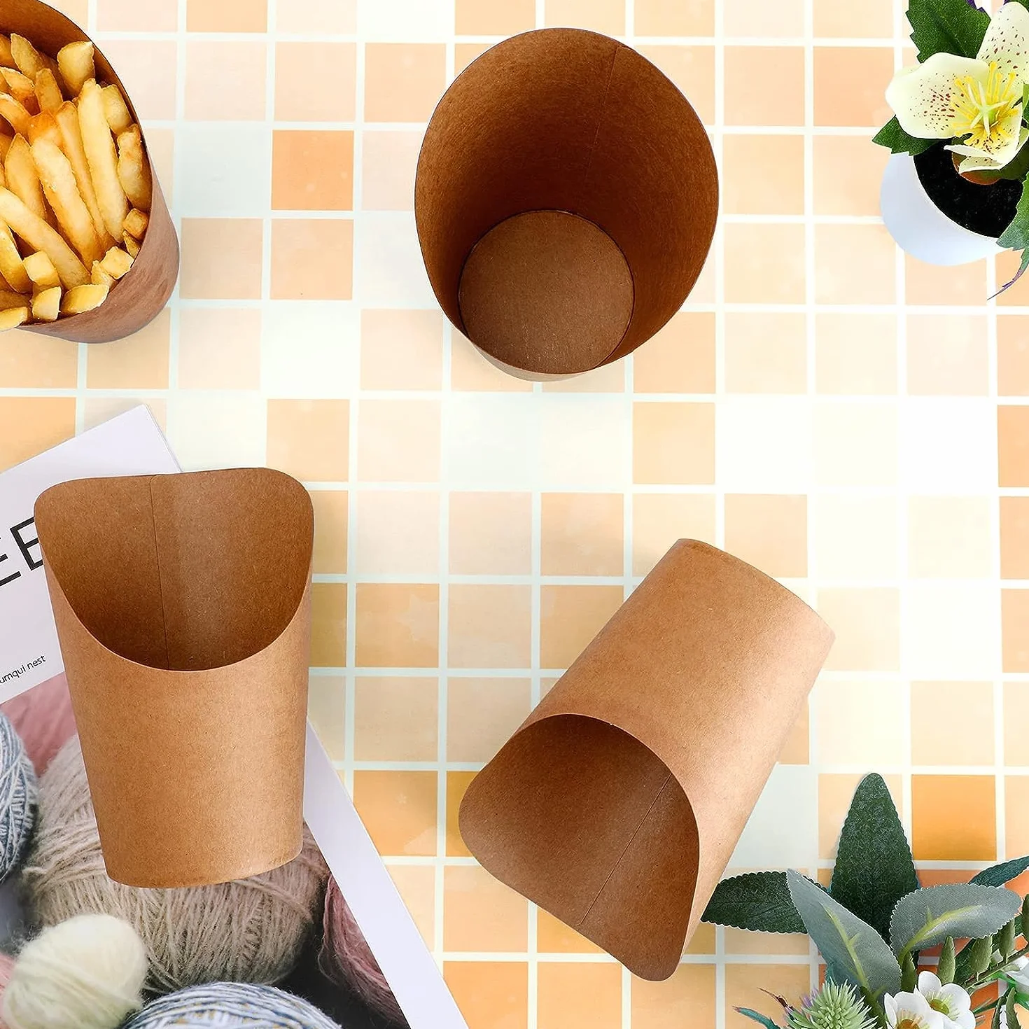 LATERN 100 Pezzi Porta Patatine Fritte Usa e Getta, 360ml Tazze in Carta Kraft per Patatine Fritte