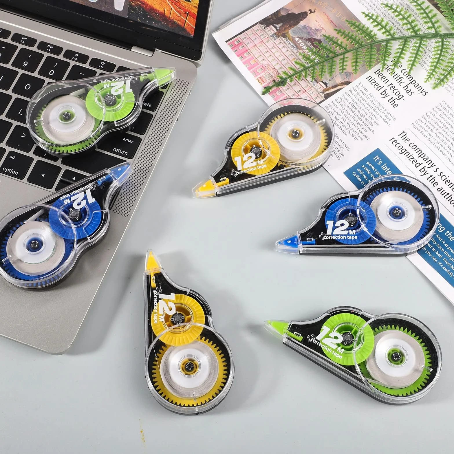 Yoosso 12 Pezzi Bianchetto a Nastro 12m x 5 mm Correttore a Nastro per Bambini Studenti Ufficio (Giallo + Blu + Verde)