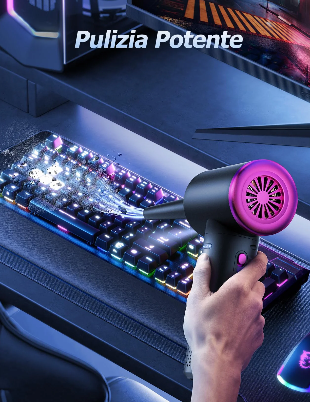 Soffiatore ad Aria Compressa - 100.000 Giri/Min Aria Compressa Spray con Batteria da 9000 mAh, Aria Compressa Elettrico a 3 Velocità con luce LED per la Pulizia del PC, Divano, Tastiera, Auto