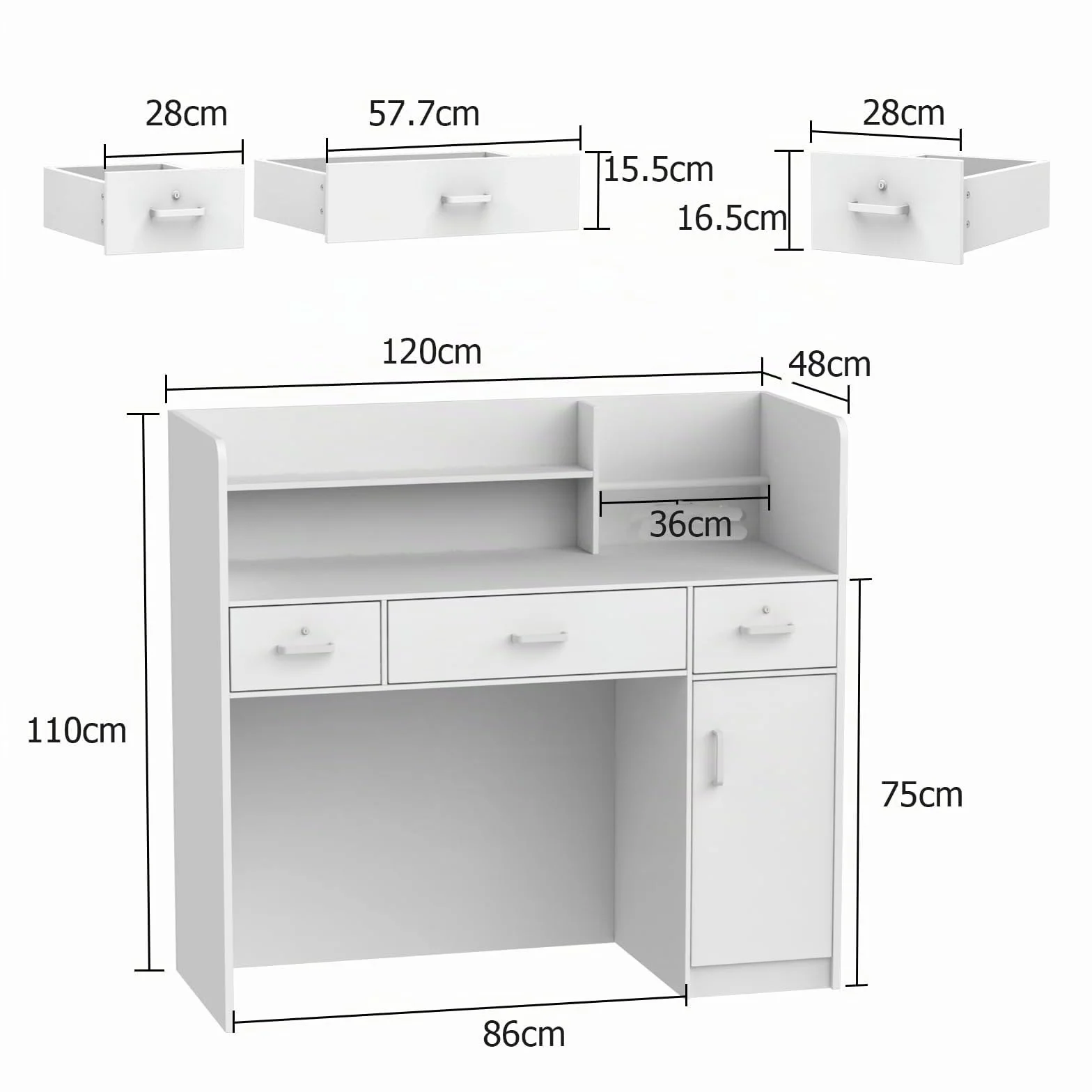 Banco reception, Banco di Reception e Vendita - Mobili da Ufficio con 3 Cassetti, Nero - 110 x 120 x 48 cm