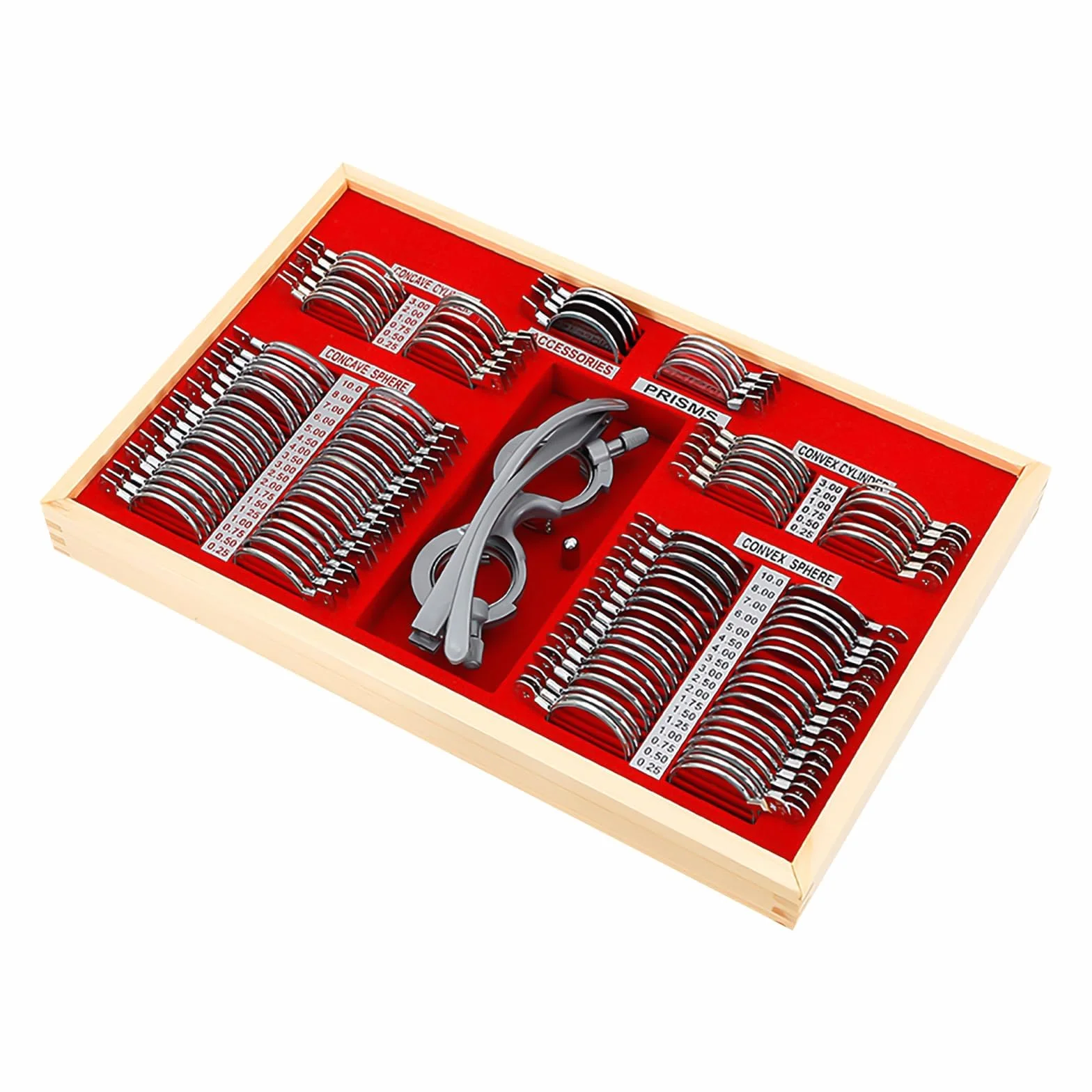 Trial Lens - Set di lenti di prova, 104 pezzi, lenti con occhiali di prova, in metallo, ottometria, lenti di prova, lenti ottiche, con telaio ottometrico e valigetta ottometrica