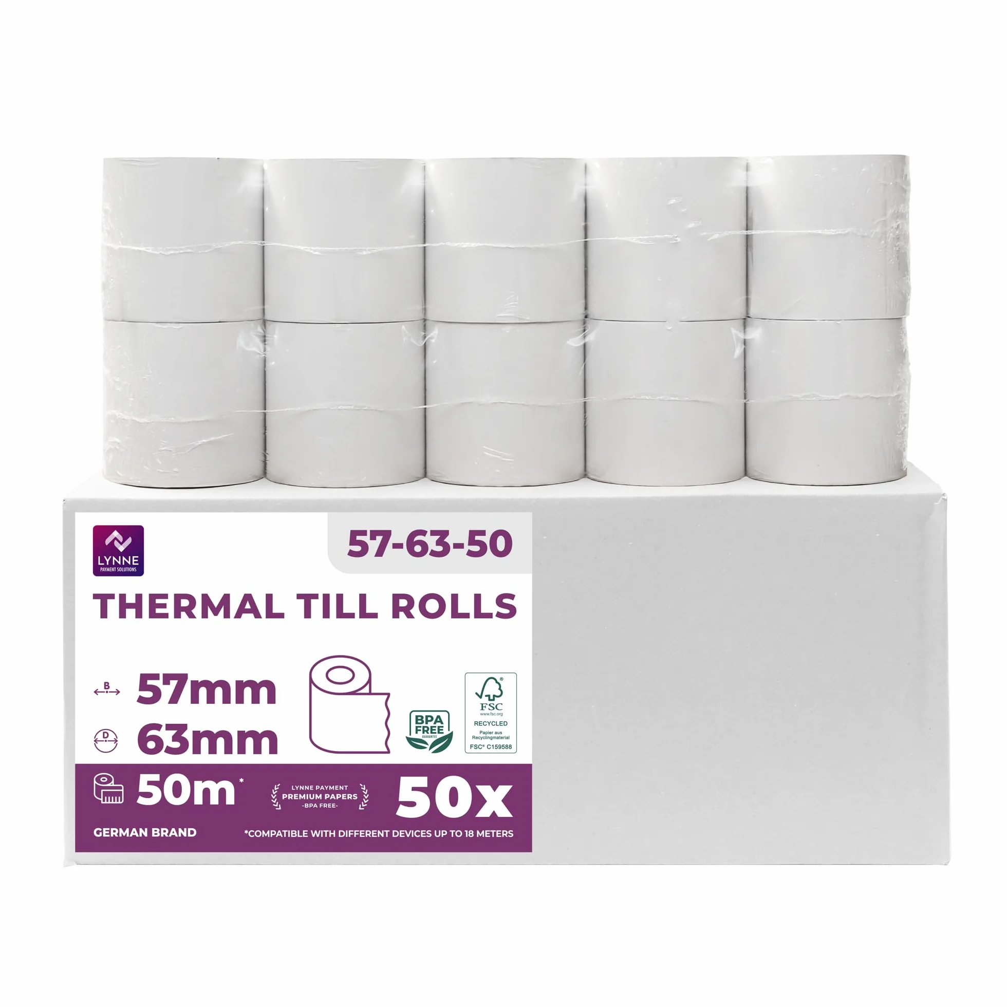 Rotoli termici 57 mm x 63 mm x 12 mm – Rotoli per registratori di cassa con stampante – Carta termica per sistemi di cassa – Senza BPA (57 – 58 x 63 x 12) (50 rotoli)