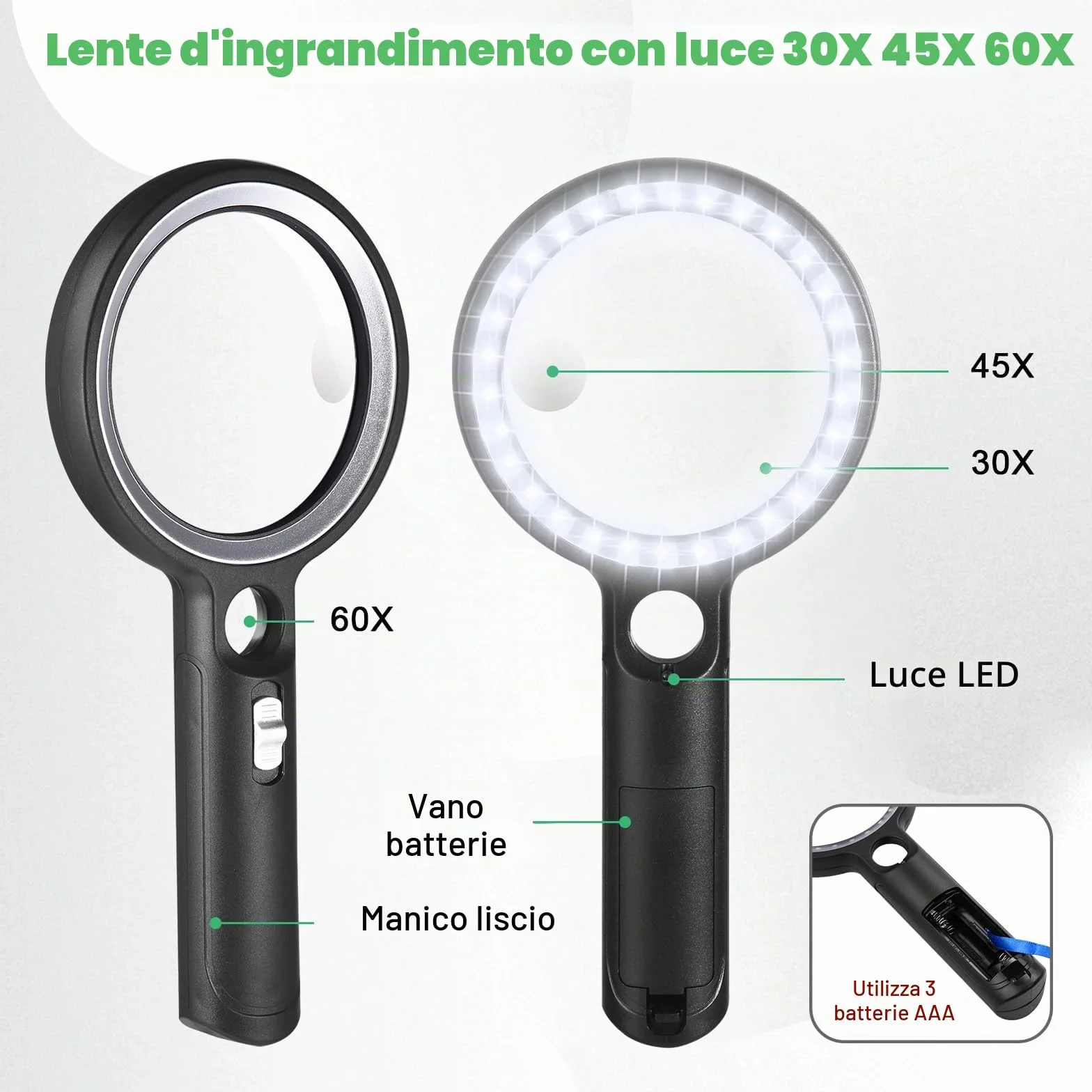 Lente d'ingrandimento LED 30X 45X 60X Professionale 2 Modalità 30 LED per Lettura Ispezione