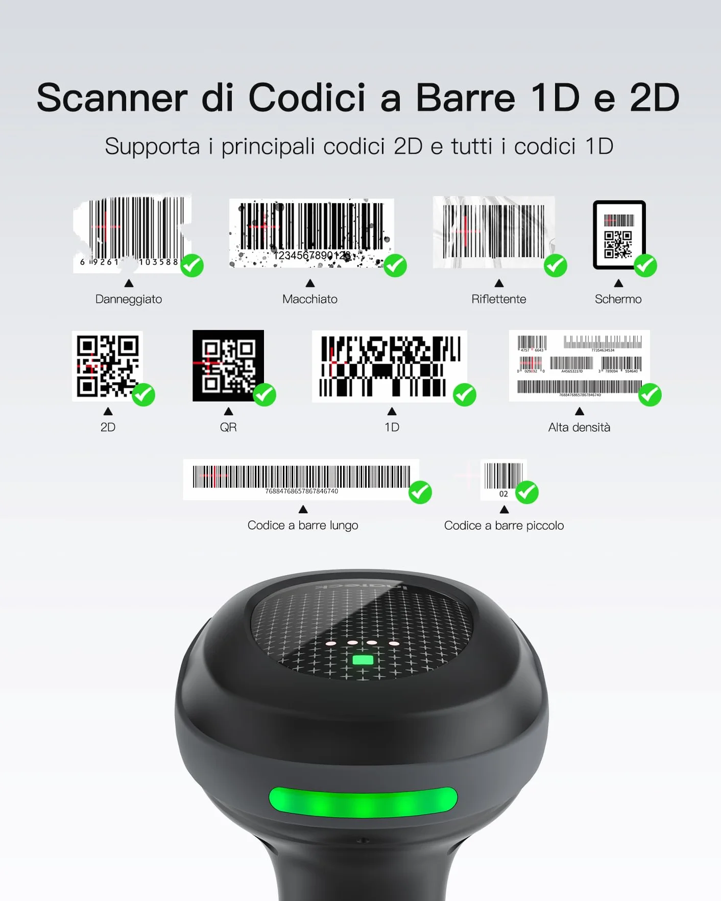 Inateck Lettore Codice a Barre Wireless 1MP 2D QR, Barcode Scanner Bluetooth con Base di Ricarica, 2 x 2000mAh Batterie Sostituibili per Magazzino, Logistica e Inventario