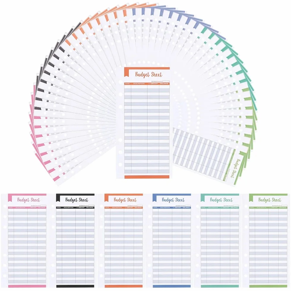 Set di 48 Pezzi A6 Fogli di Bilancio per Budget con Buste per Denaro e Contanti - 6 Colori