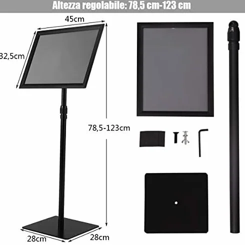 GYMAX A3 Stand Poster Menù, Supporto per Informazioni, Espositore da Terra, Altezza Regolabile, Pannello Girevole, Porta Pubblicità Ideale per Negozio, Ristorante e Bar, in Acciaio INOX (Nero)