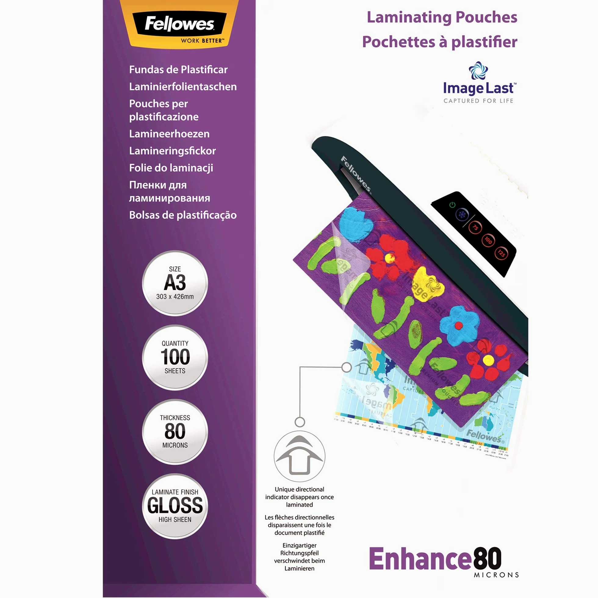 Fellowes 5307407 Pouches Di Plastificazione, Formato A4, 125 Micron, Confezione Da 100 Pezzi & 5306207 Pouches Lucide Enhance80, Formato A3, 80 Micron, Confezione Da 100 Pezzi