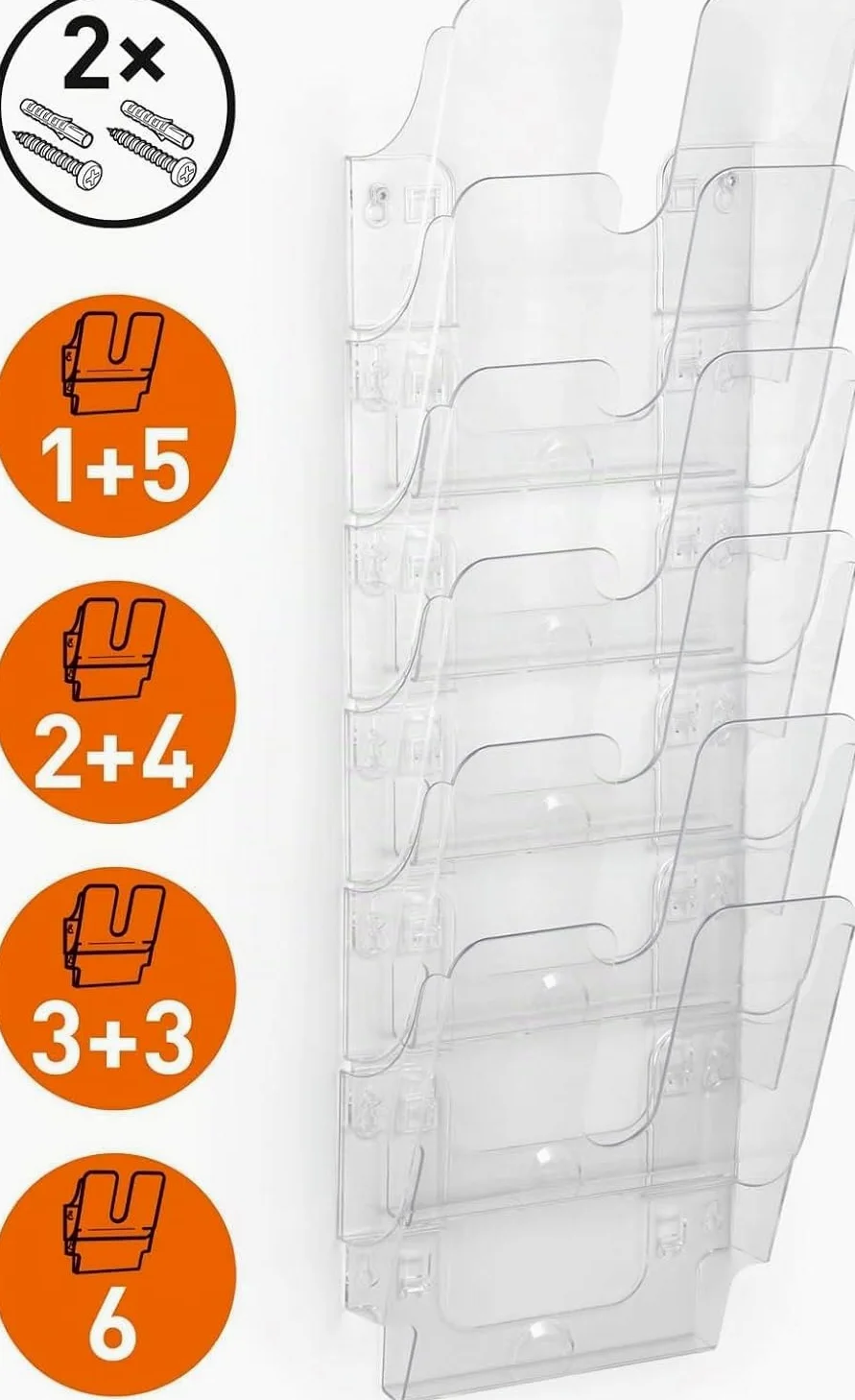 Durable Portariviste da parete Flexiplus Duo Set, espositore plexiglass A4, doppio espositore da parete 6 scomparti con 2 set di fissaggio, trasparente