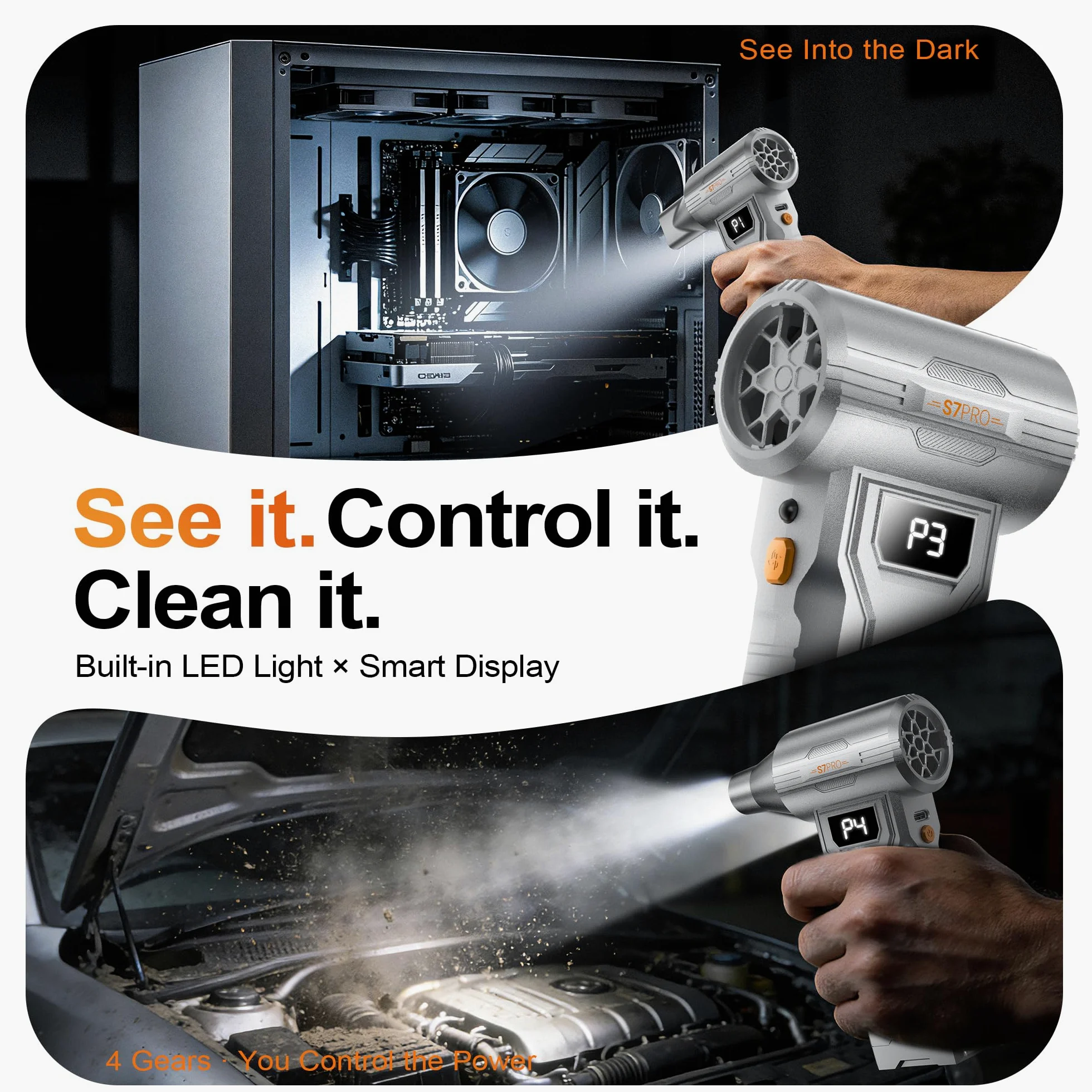 S7 Pro Aria Compressa Elettrico 150K Giri/Min, Soffiatore Aria Compressa Professionale con Display Digitale e Luce LED, Ricaricabile Senza Fili, 4 Velocità per PC, Tastiera, Fotocamera, Auto