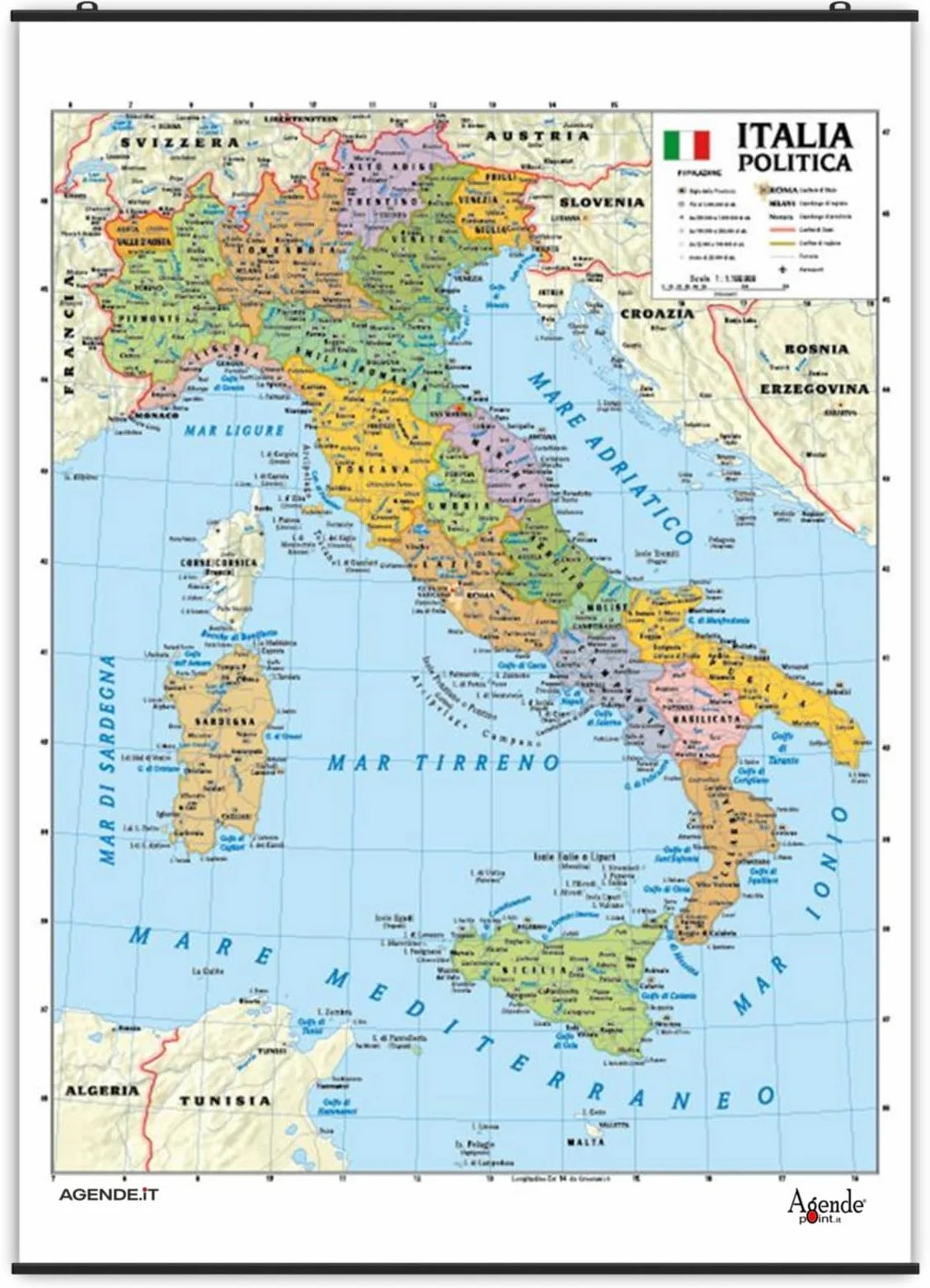 Carta Geografica Murale Italia Bifacciale Fisica Politica 100x140 cm Plastificata Scala 1:1.100.000