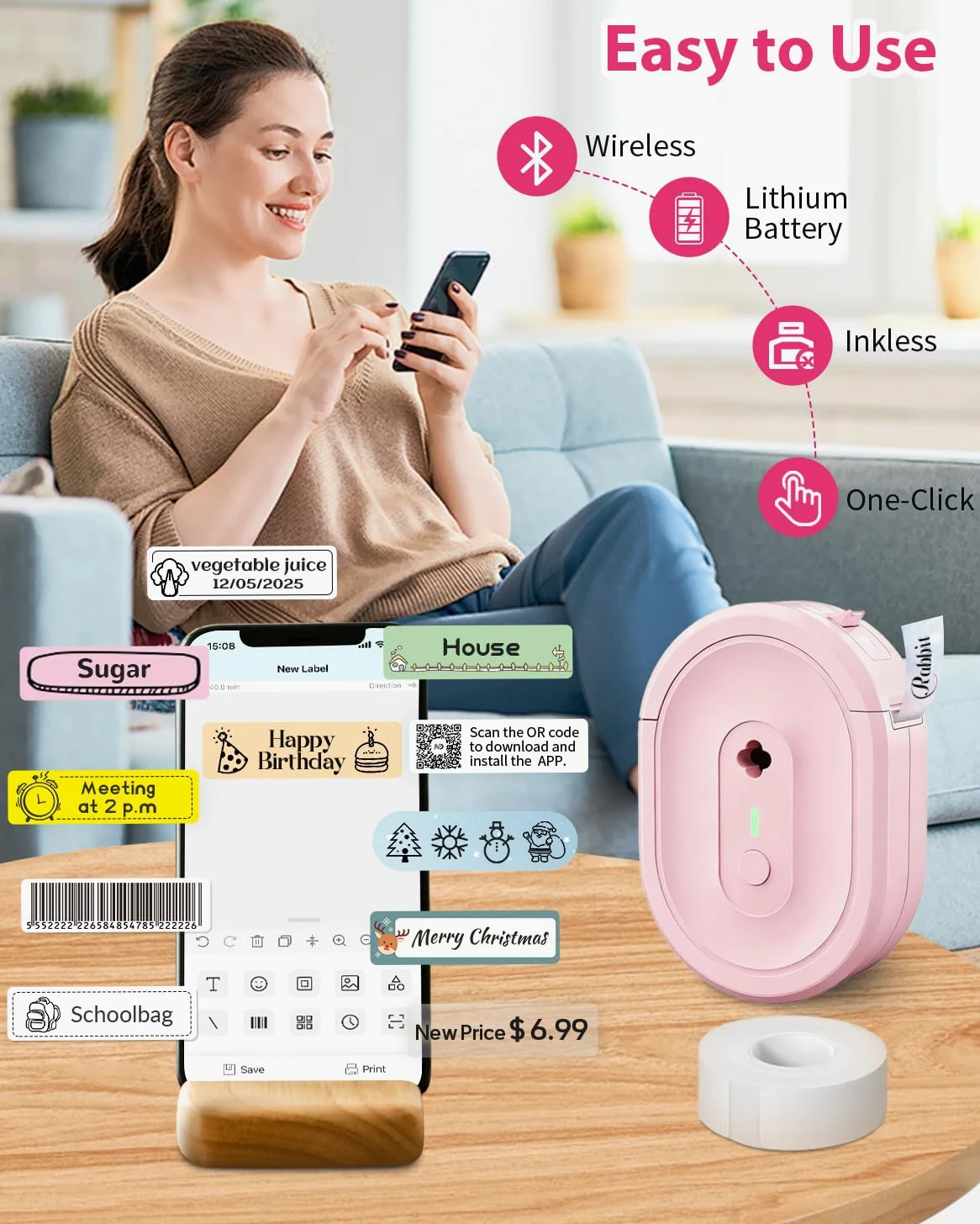 Etichettatrice con nastro, stampante per etichette Bluetooth portatile N12, mini etichettatrice wireless, adesivo termico con diversi disegni per casa, cucina, scuola