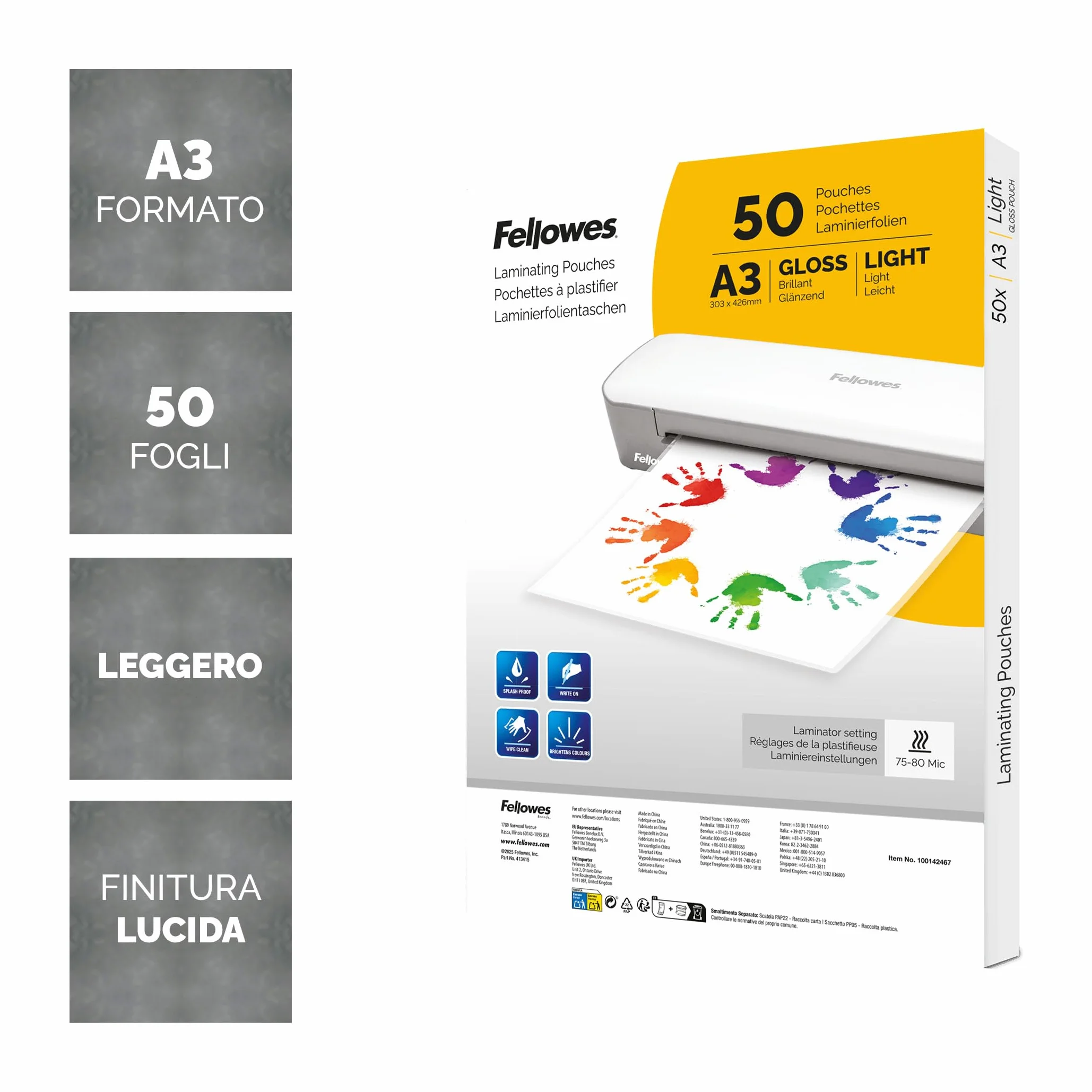 Fellowes Fogli per Plastificazione A3 Lucide 50 Pezzi Resistenti per Poster Documenti