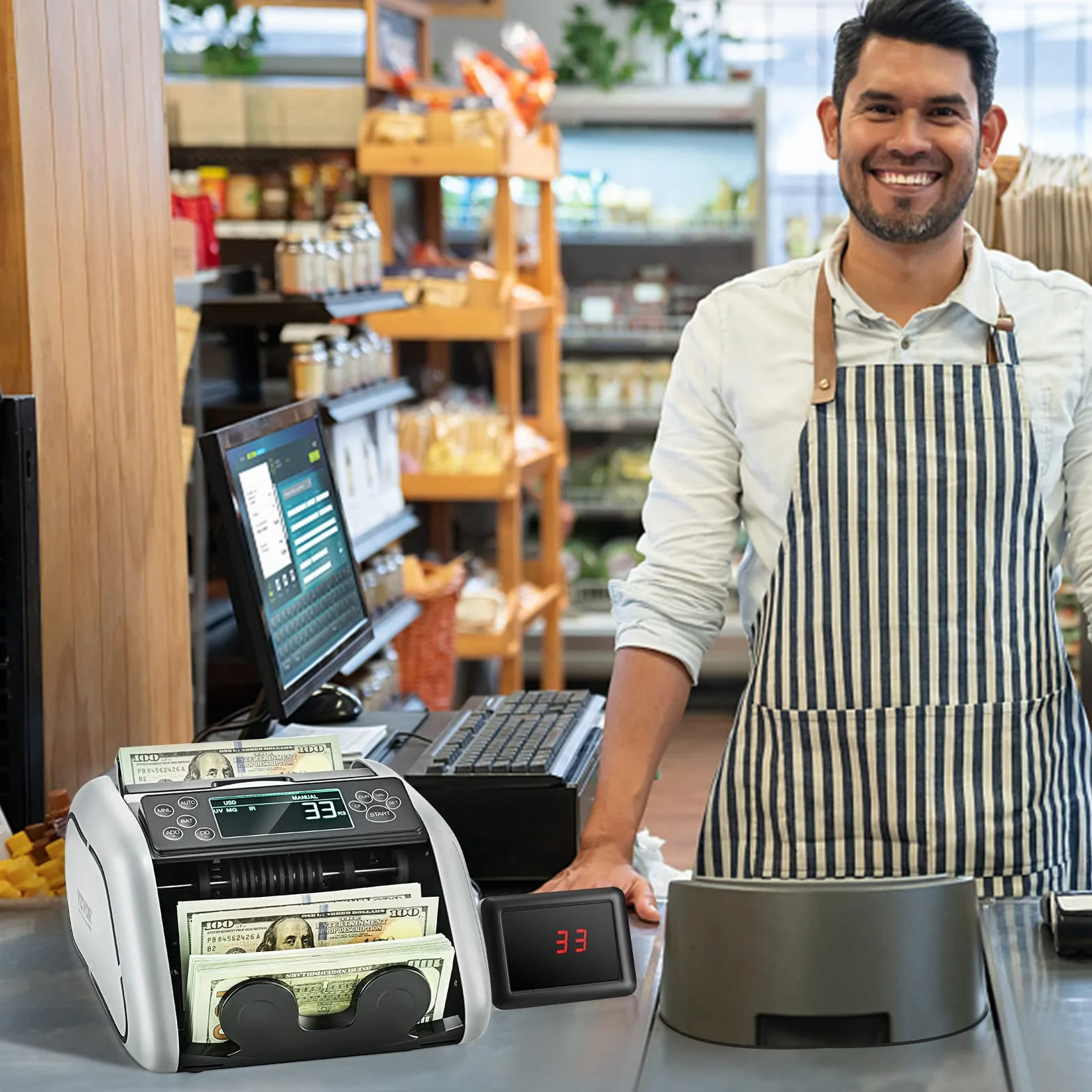 VEVOR Contasoldi, Contabanconote con rilevamento di banconote contraffatte UV, MG, IR e DD, Conta contanti USD ed EUR con ampio display LCD e display esterno per ufficio imprese