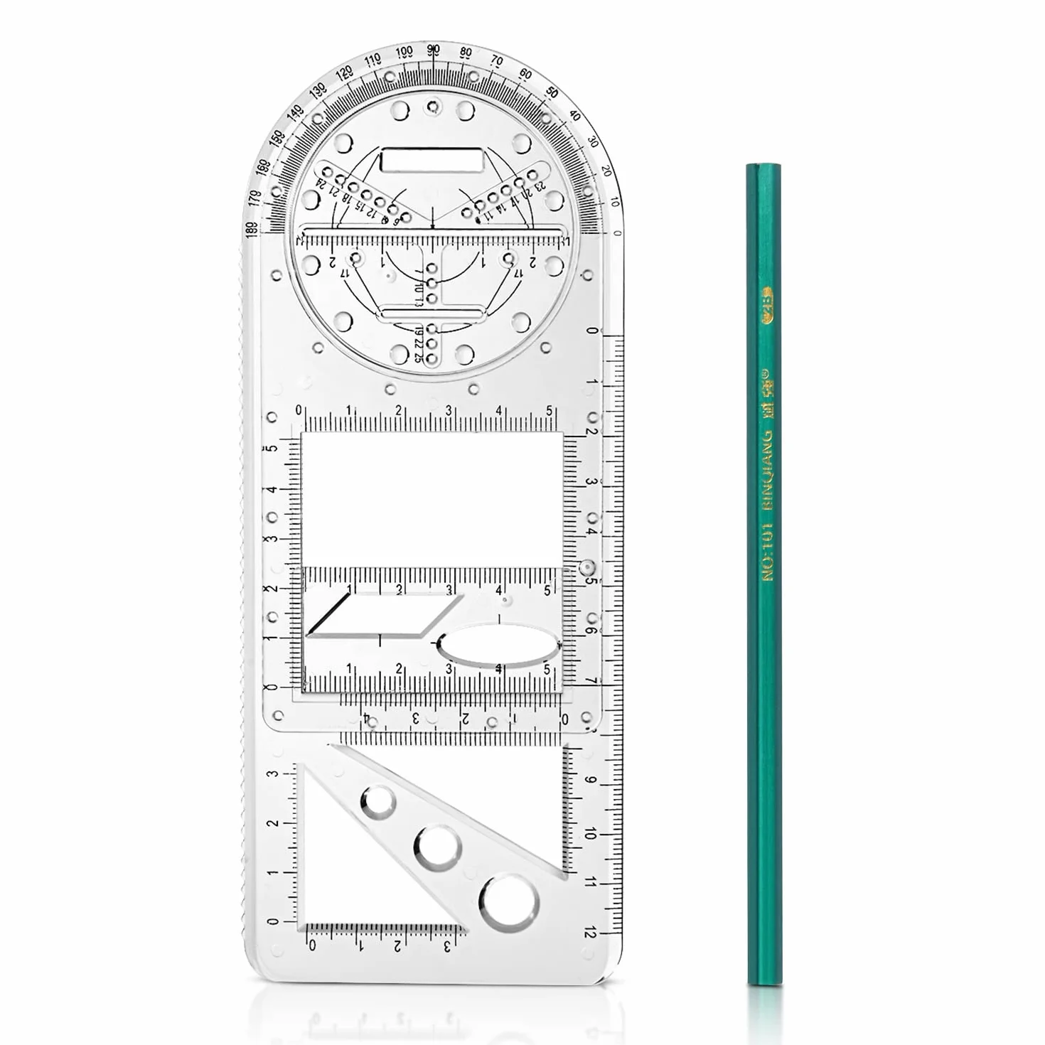 Vicloon 2Pcs Righelli Geometrici Multifunzionali con Matita, Stencil da Disegno Geometrico per Scuola e Ufficio