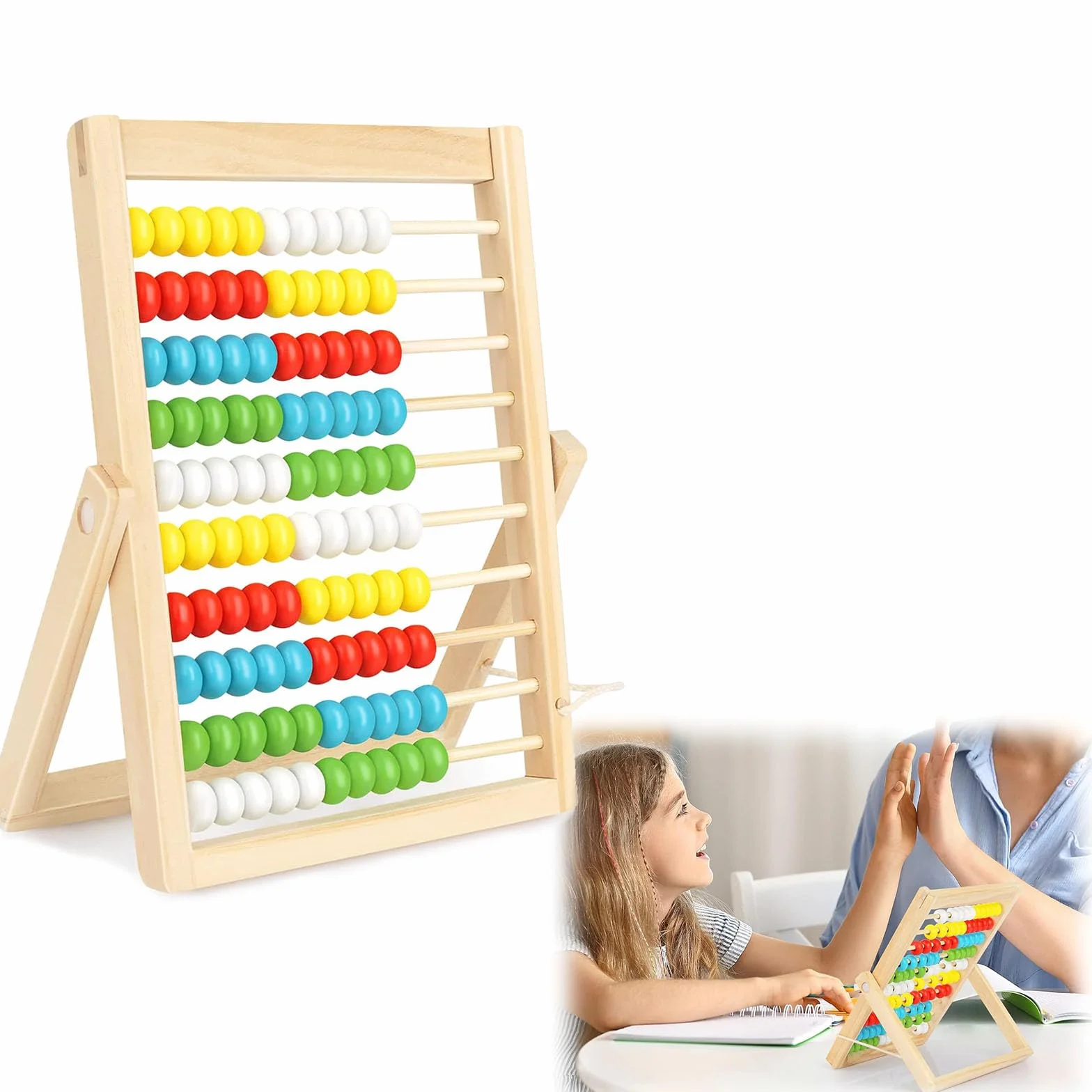 Pallottoliere per Bambini Legno con 100 Perline Multicolori, Abaco Scuola Primaria, Pallottoliere per Bambini, Abaco Legno Calcolatrice, Pallottolieri di Legno, Abaco di Montessori