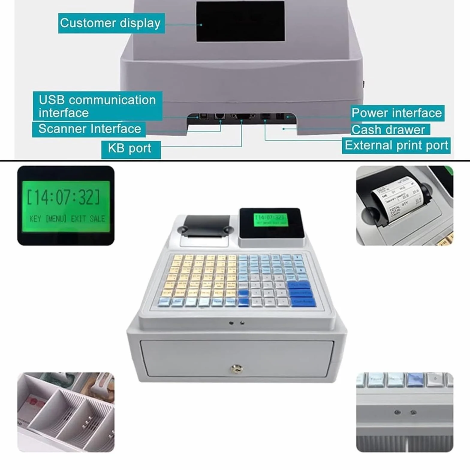 Registratore di cassa elettronico POS con display LED, Cassa elettronica Registratore di cassa Gastronomia al dettaglio Sistema di cassa solido Cassetto di cassa