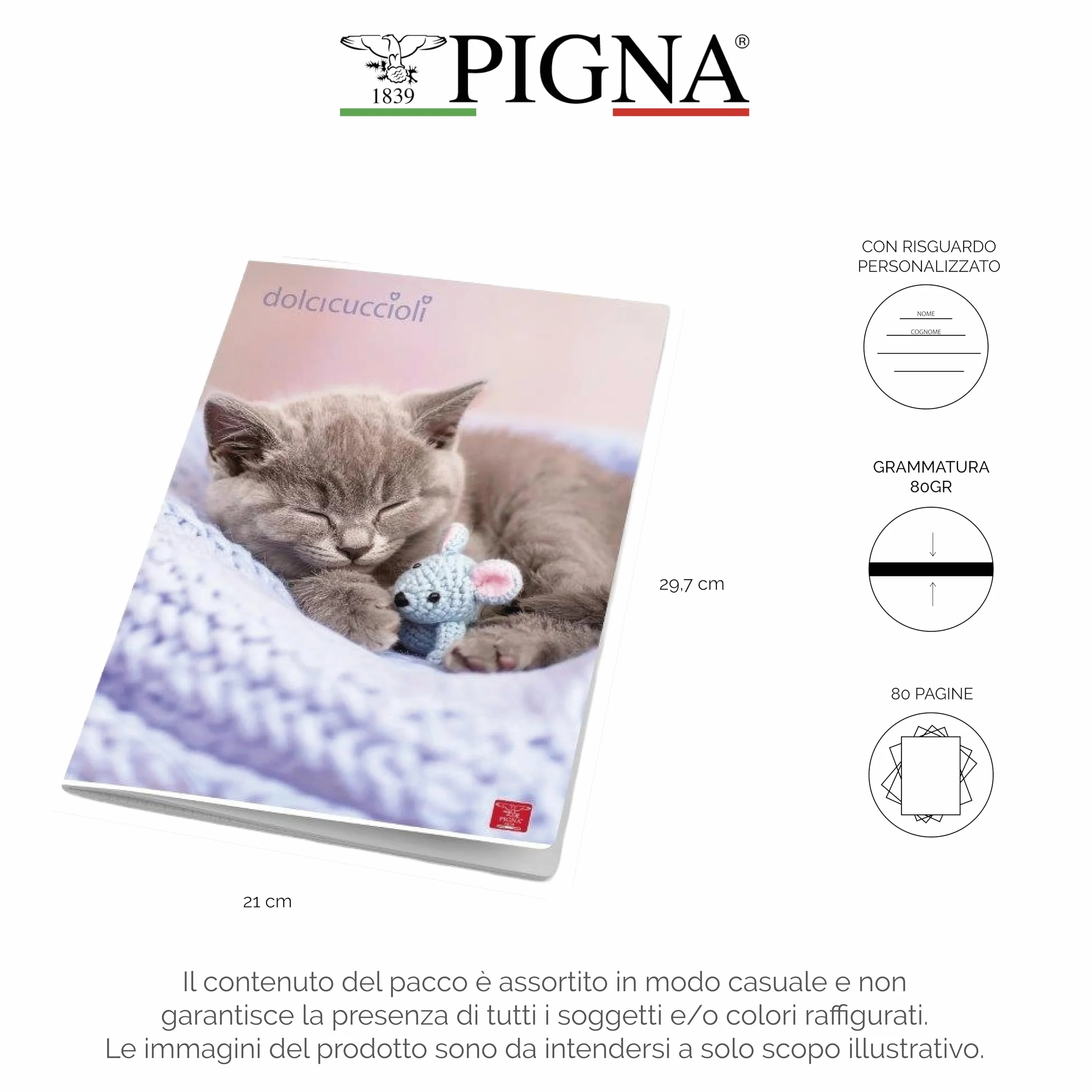 Pigna Maxi Quaderni A4 DOLCI CUCCIOLI 80+risguardo quadretto 5mm margine 10 sztuk