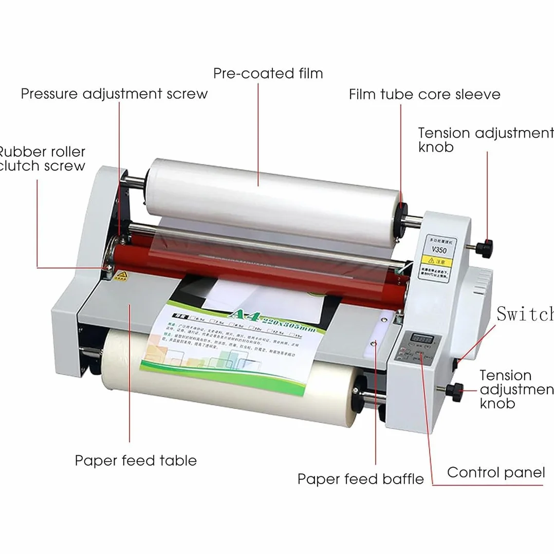 Laminatrice Professionale 350mm/450mm Macchina di Laminazione Termica a Quattro Rulli per Carta A2/A3/A4 su Un Solo/Due Lati, Laminazione a Caldo E a Freddo per Documenti, Foto,V350