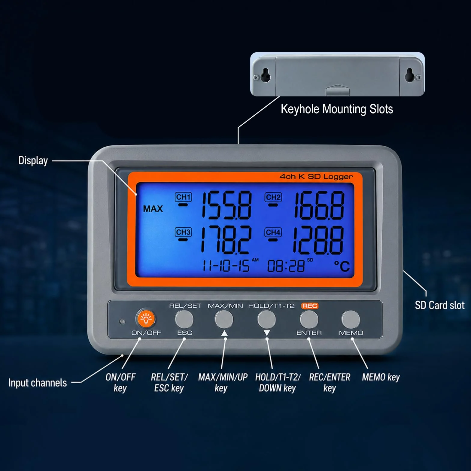 Termometro Digitale 4 Canali K-Type con Registrazione Dati SD, Allarme Programmabile, Registratore di Temperatura Multicanale
