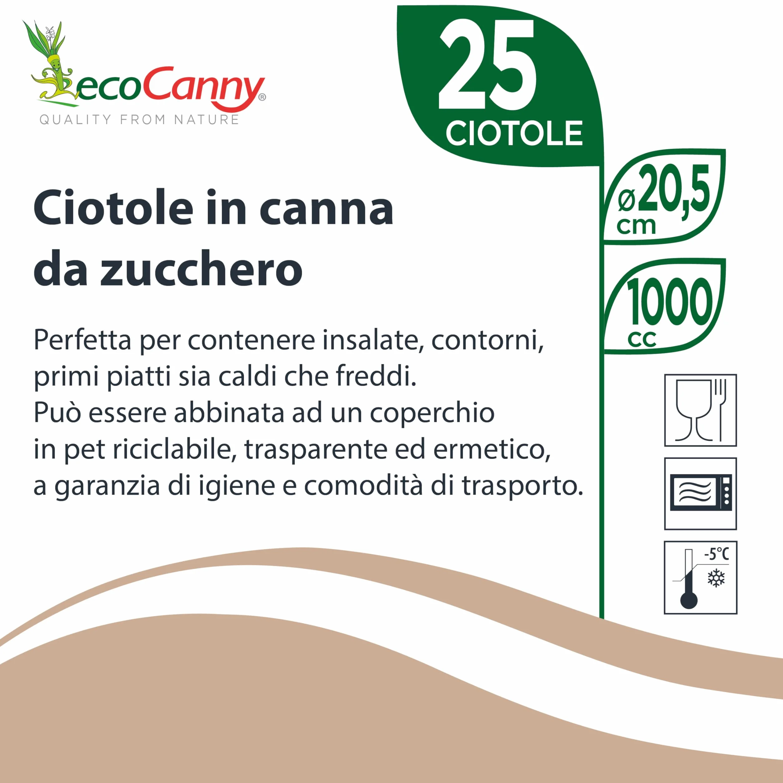 Ciotola Ecologica in Canna da Zucchero 205mm Biodegradabile Compostabile 25 Pezzi