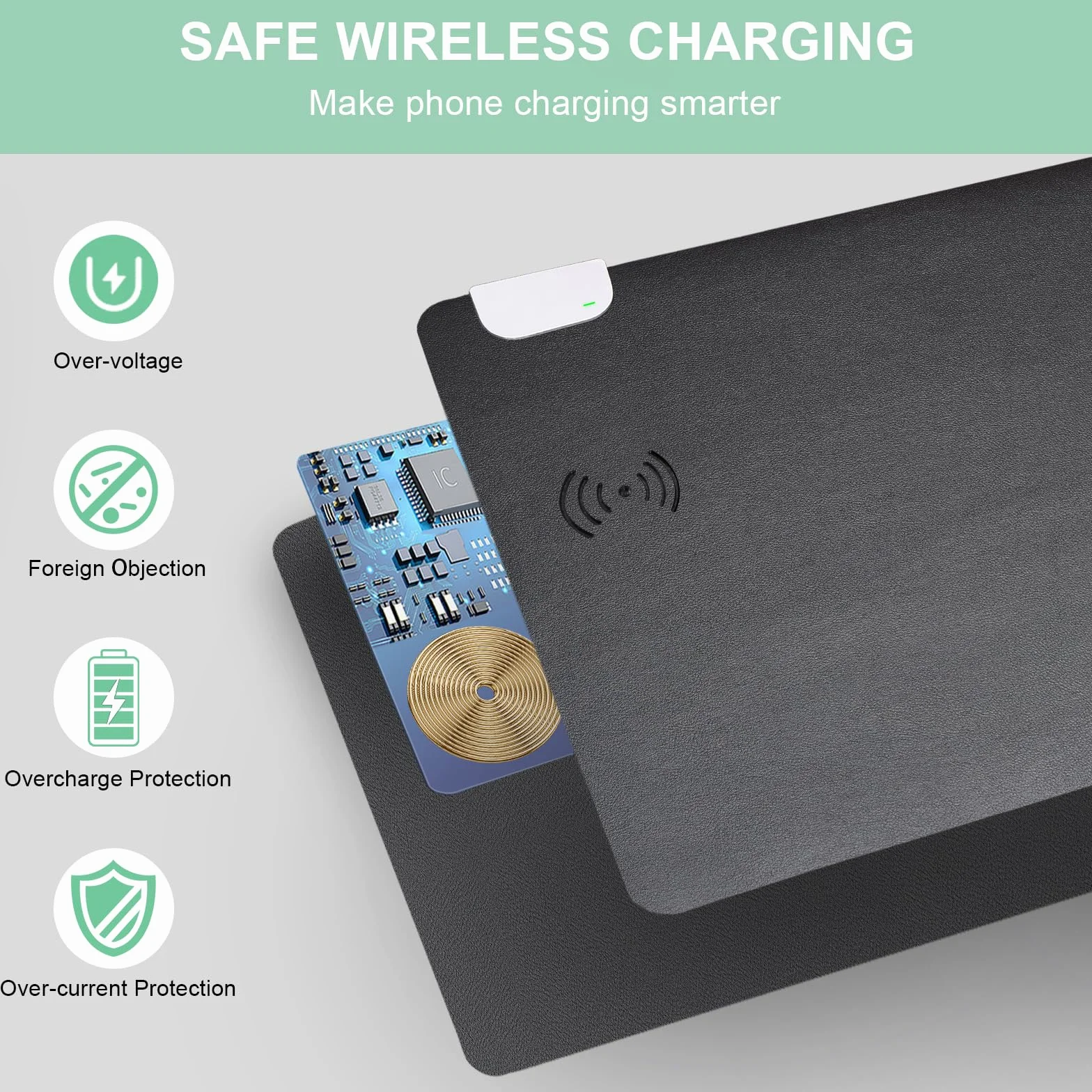 GORESE Sottomano Scrivania Ufficio in Pelle PU, Tappetino mouse con Ricarica Wireless 10W, Supporta Qi, Impermeabile, Nero 90x42CM
