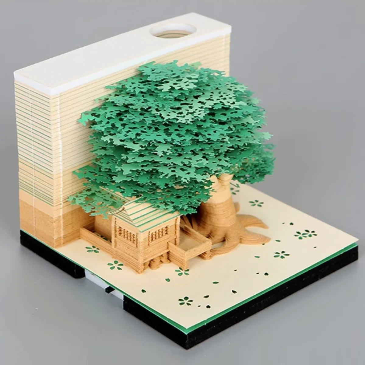 Blocco note 3D, non incollato, arte su carta 3D con scatola display trasparente, 9 x 9 x 6 cm, 260 fogli, centrotavola con modello di carta, casa sull'albero (Casa sull'albero verde)