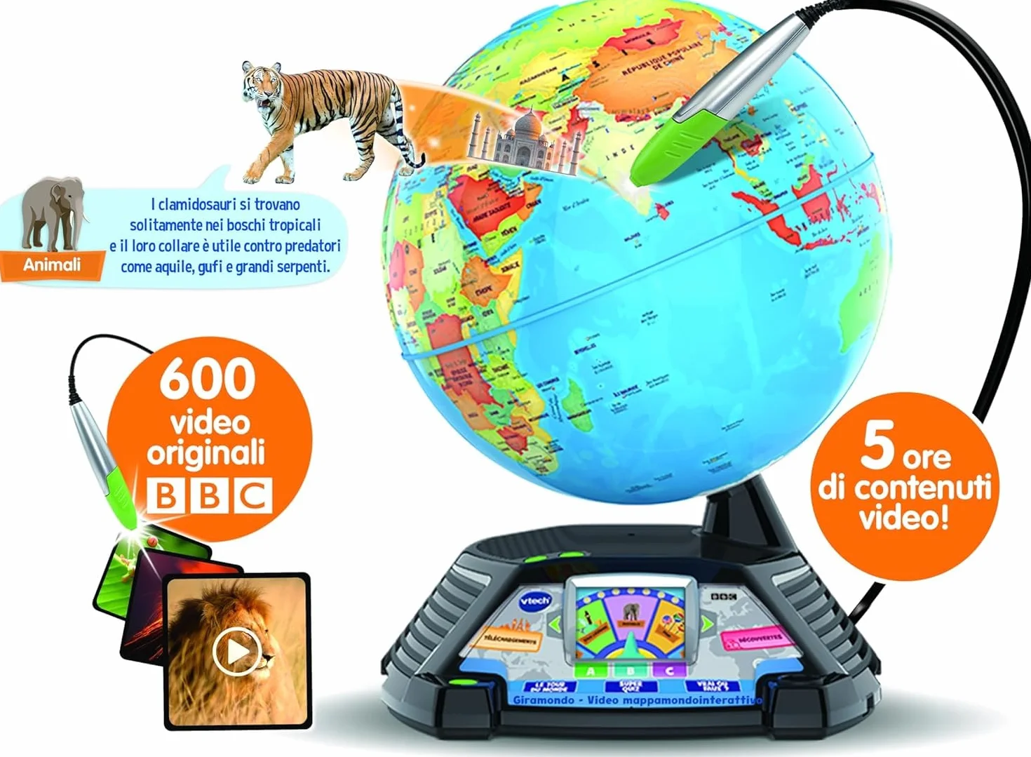 VTech Giramondo Video Mappamondo Interattivo Bambini con Penna Touch 2.7" 600 Video BBC Giochi Educativi Quiz Lingua Italiana 7-99 Anni