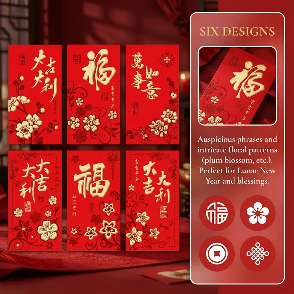 36 Pezzi Rosse per Capodanno Cinese 2026 Portafortuna con Motivo Hong Bao Rilievo