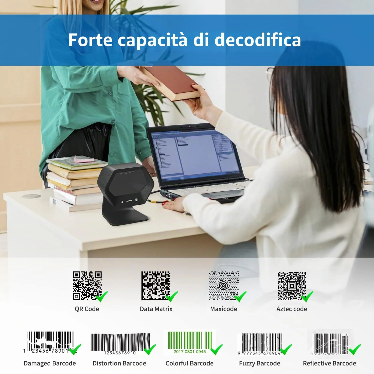 NETUM 1D 2D QR Scanner vivavoce USB Barcode Scanner Omnidirezionale Wired Lettore di codici a barre per Mobile Pagamento Computer Screen Scan Support PDF417, Securpharm Code(matrice dati) NT-2050
