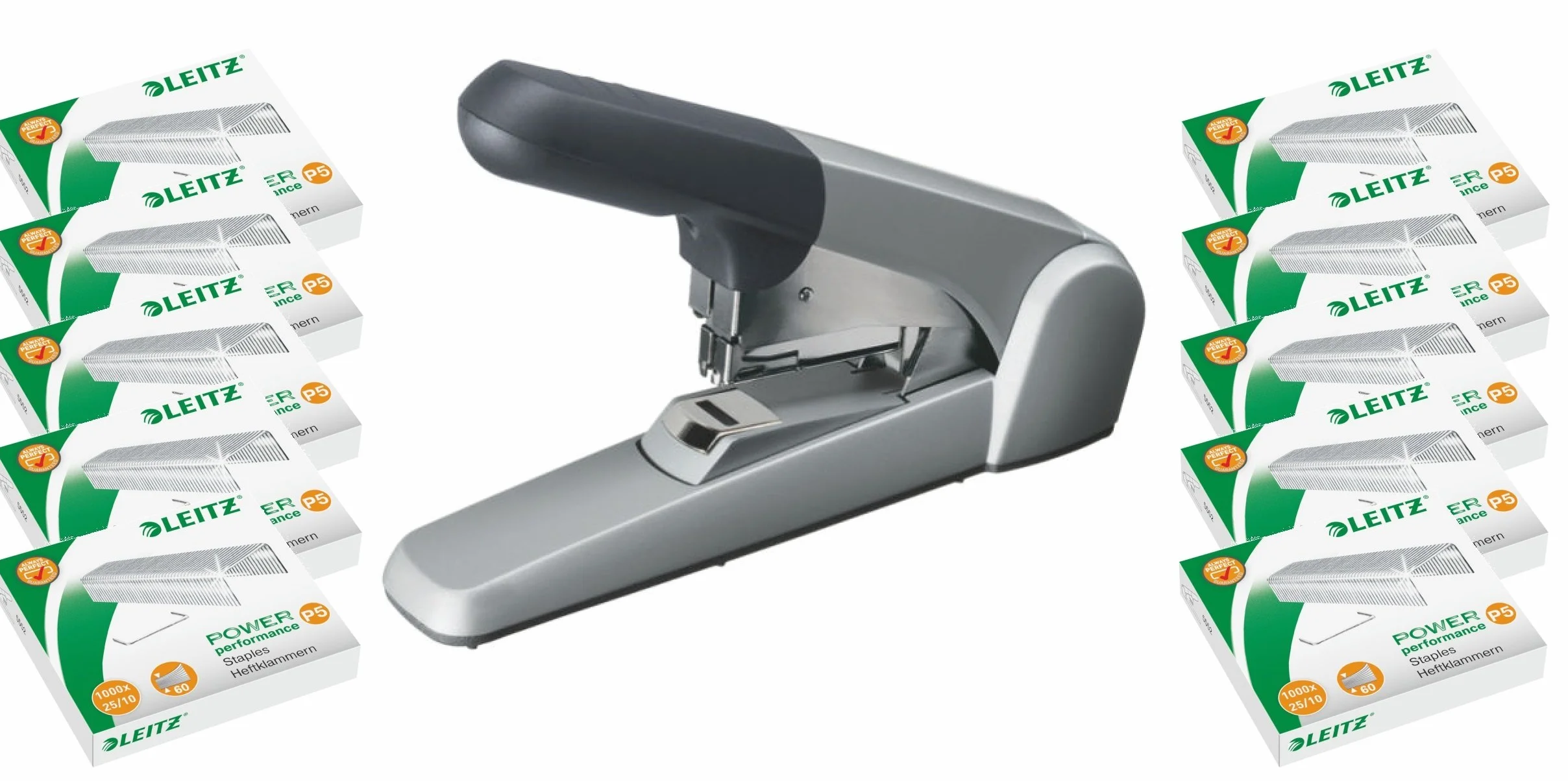 Leitz 55520084 - Cucitrice piatta resistente (60 fogli, per impilatori di carta spessi, metallo con alloggiamento in plastica), colore: Argento (con 10.000 graffette, pinzatrice piatta)