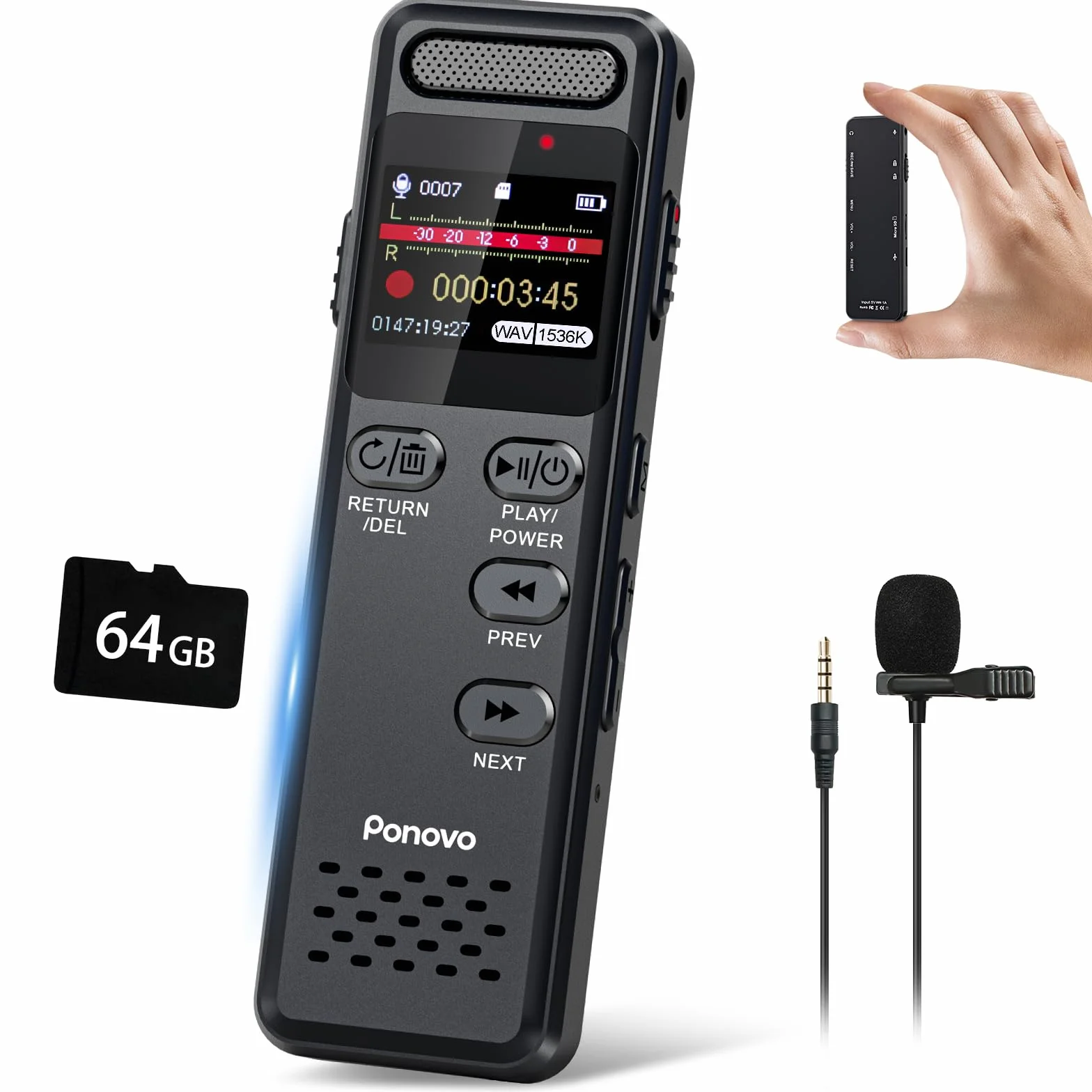 80GB Registratore Vocale 100 Ore Registrazione Continua, Ponovo Registratore Professionale Attivazione Vocale 1536Kbps con MIC, 1100mAh Mini Registratore Audio con Password per Interviste Riunioni