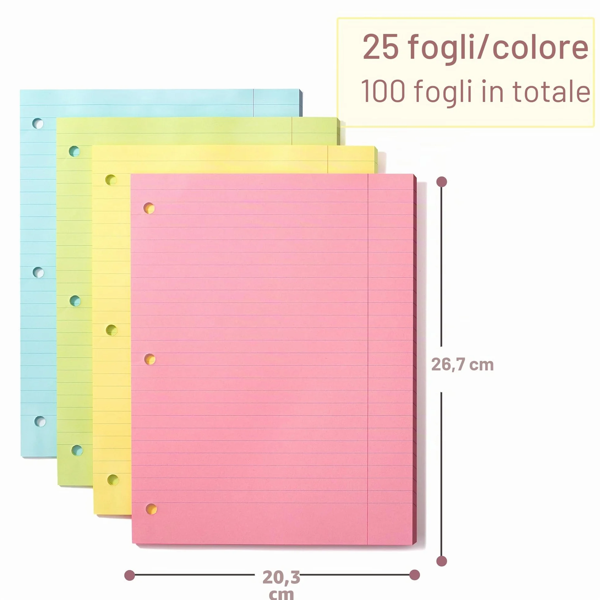 Mr. Pen Carta sciolta colorata a righe larghe 100 fogli 20,3 x 26,7 cm 3 fori perforati per taccuino