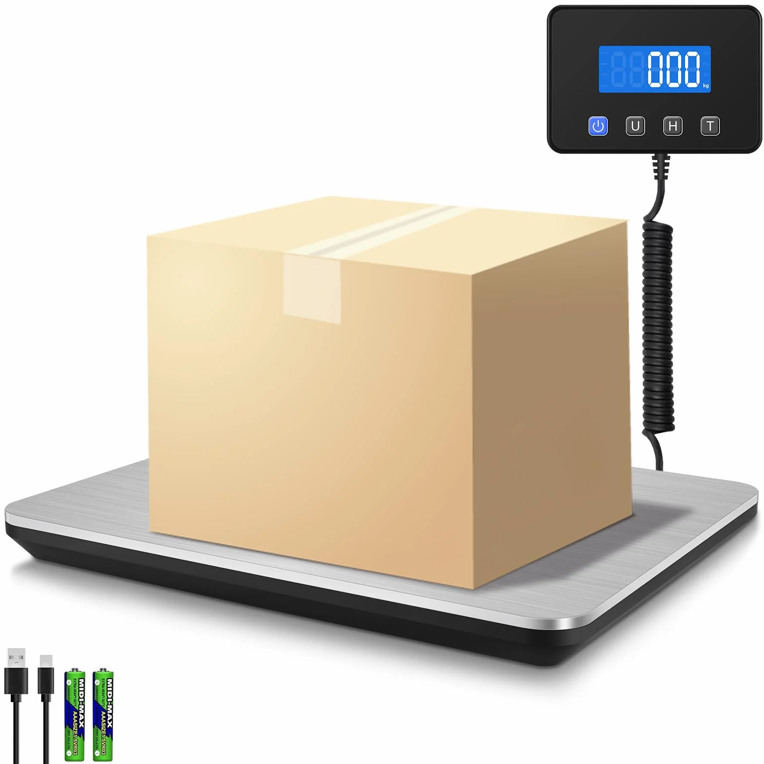 Collazoey Bilancia Postale, Bilancia per Pacchi Ricaricabile USB da 200 kg/ 10 g con Funzione Ritenzione/Tara, Acciaio Inossidabile, Sensore a 4-Punti con LCD, Adatta per Pacchi/Bagagli/Magazzino