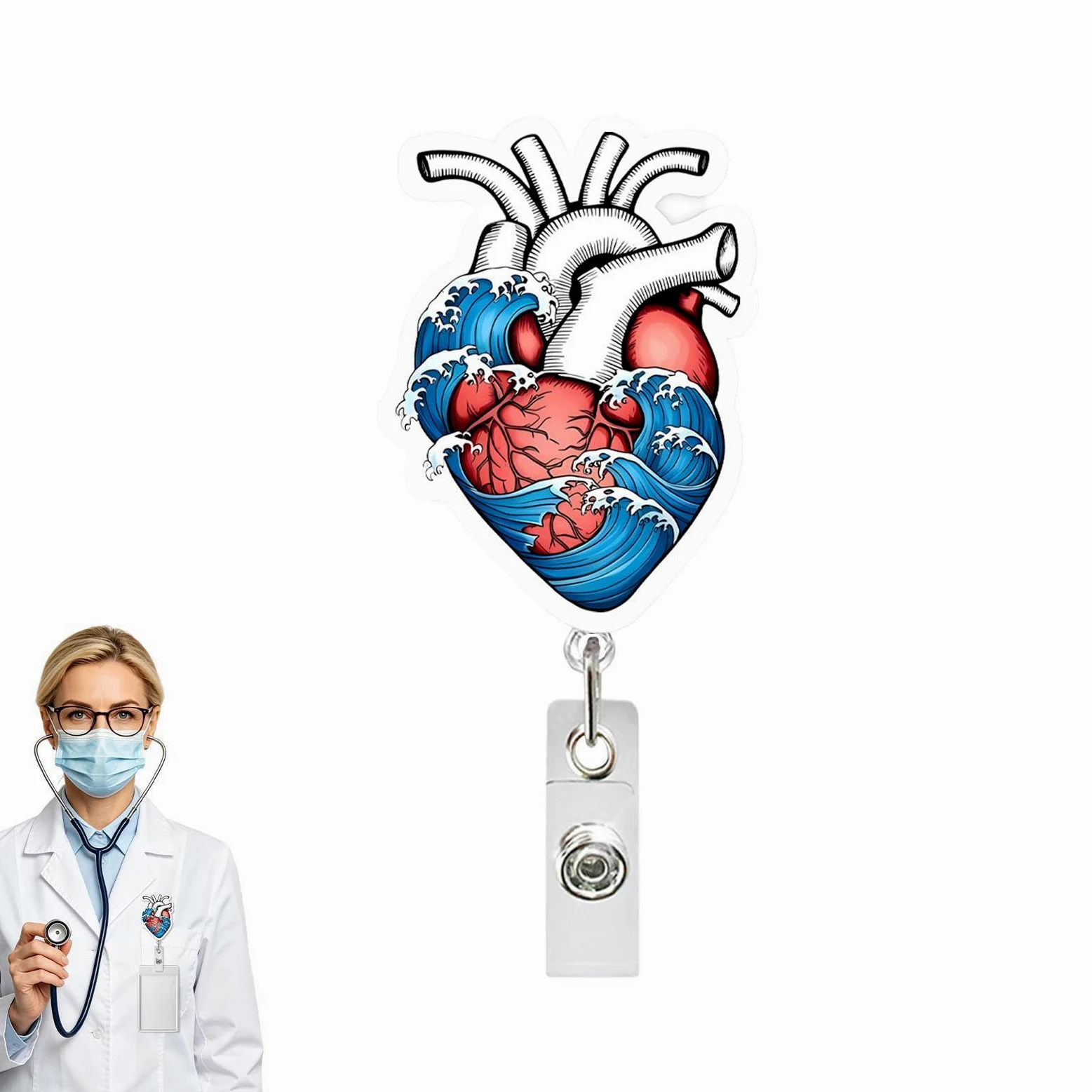 Portabadge retrattile Portanome verticale con motivo a forma di cuore | Clip Porta Badge Retrattile per tutti gli impiegati, assistenti, studenti, insegnanti, infermieri, , uomini e donne