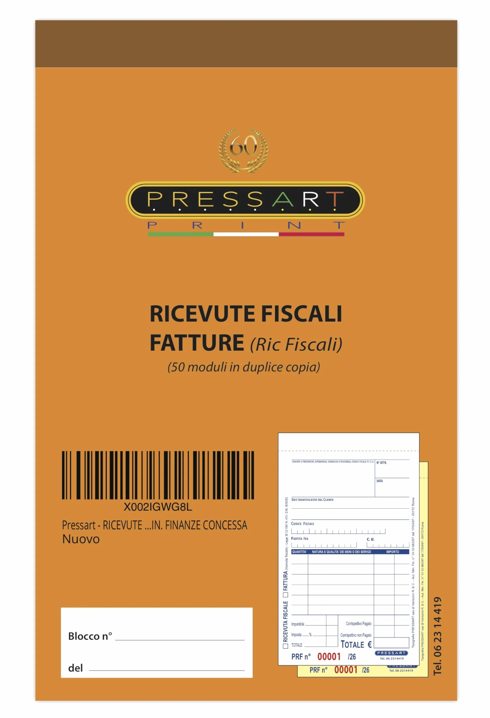 Pressart - Ricevute Fiscali - Fatture - 5 Blocchi da 50 x 2-250 Ricevute Fiscali Aut. Min. Fin. n° VI-12-963/97 del17/04/97