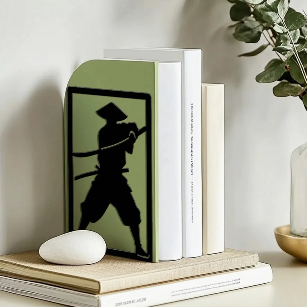 Peacoblue Fermalibri Originale in Metallo Nero, Fermalibri Samurai Giapponese Design Moderno Ferma Libri Decorativo per Ufficio, Cucina, Mensola e Libreria, 1 Coppia