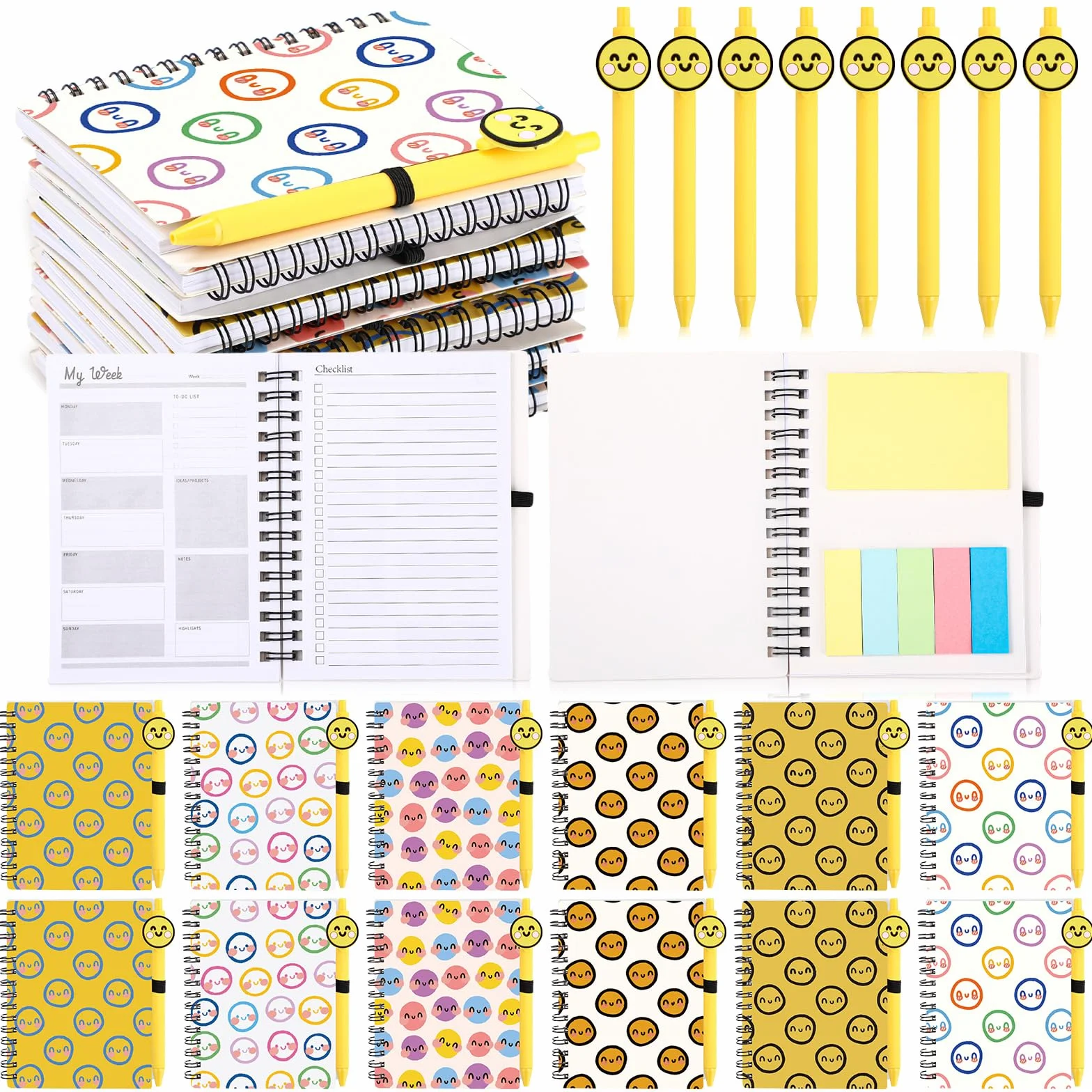 Sayglossy 72 quaderni con supporto emotivo sorridente con note adesive, penne a sfera Happy Face, regalo per il primo giorno di scuola, per studenti, insegnanti, colleghi (agenda settimanale)
