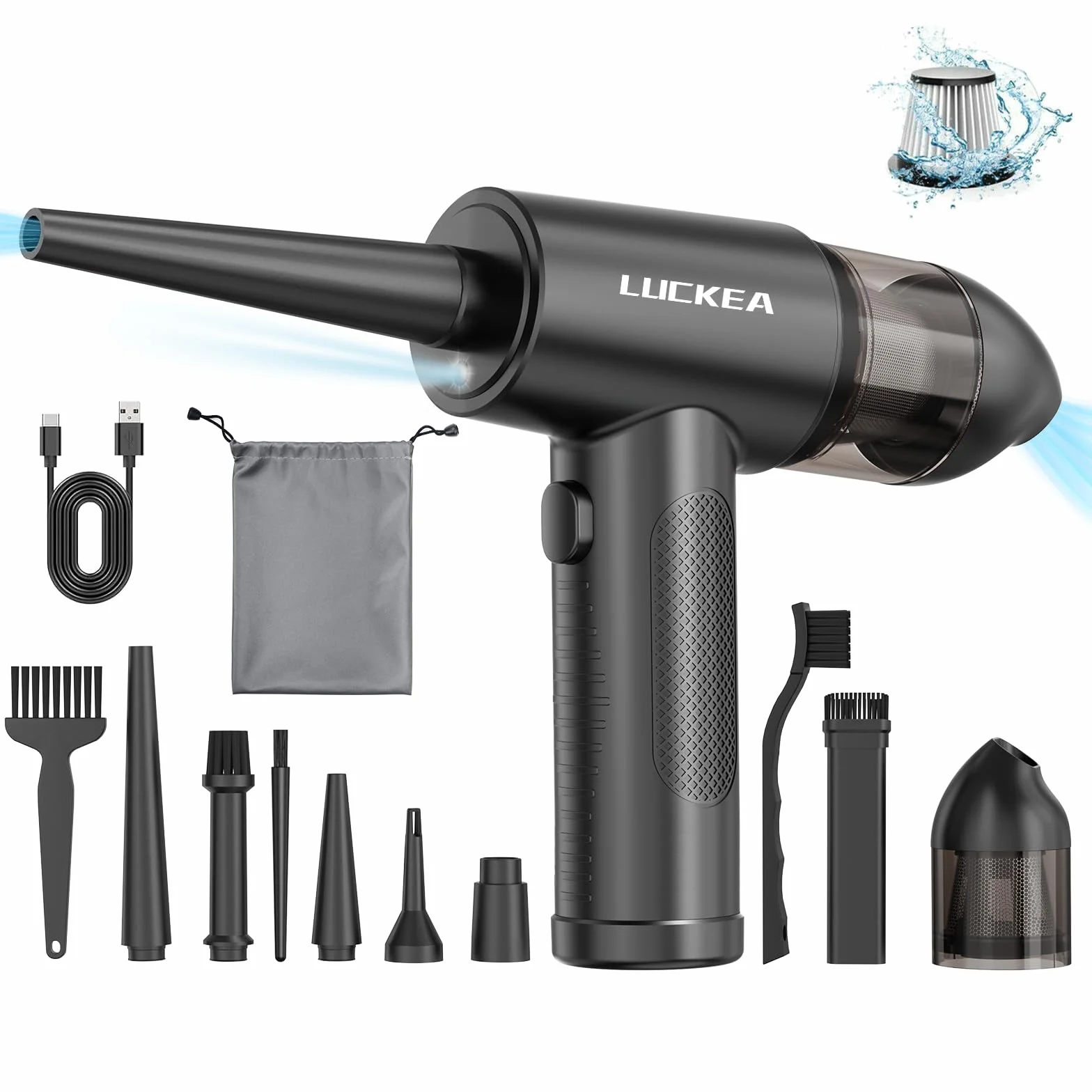 LUCKEA Aria Compressa Elettrico Rimuovi Polvere - 3 Velocità Air Duster Mini Soffiatore Aspiratore a Batteria 6000 mAh, Kit Pulizia PC Tastiera Auto, Alternativa Allo Bomboletta Aria Compressa Spray