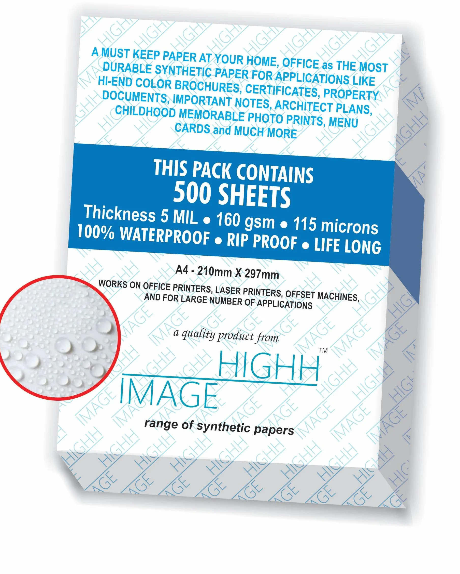 CARTA IMPERMEABILE A4 160 GSM 5 MIL CONFEZIONE 500 FOGLI CARTA SINTETICA HIGHH IMAGE