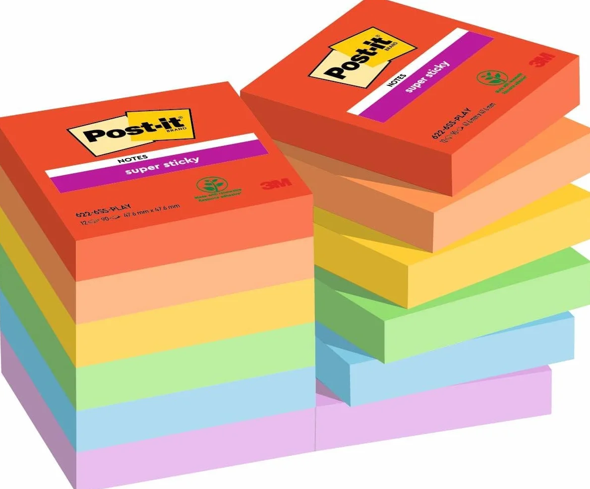 Post-it Super Sticky Foglietti Playful, 12 blocchetti 90 fogli, 47,6 mm x 47,6 mm, Rosso, Arancio, Giallo, Verde, Azzurro, Viola