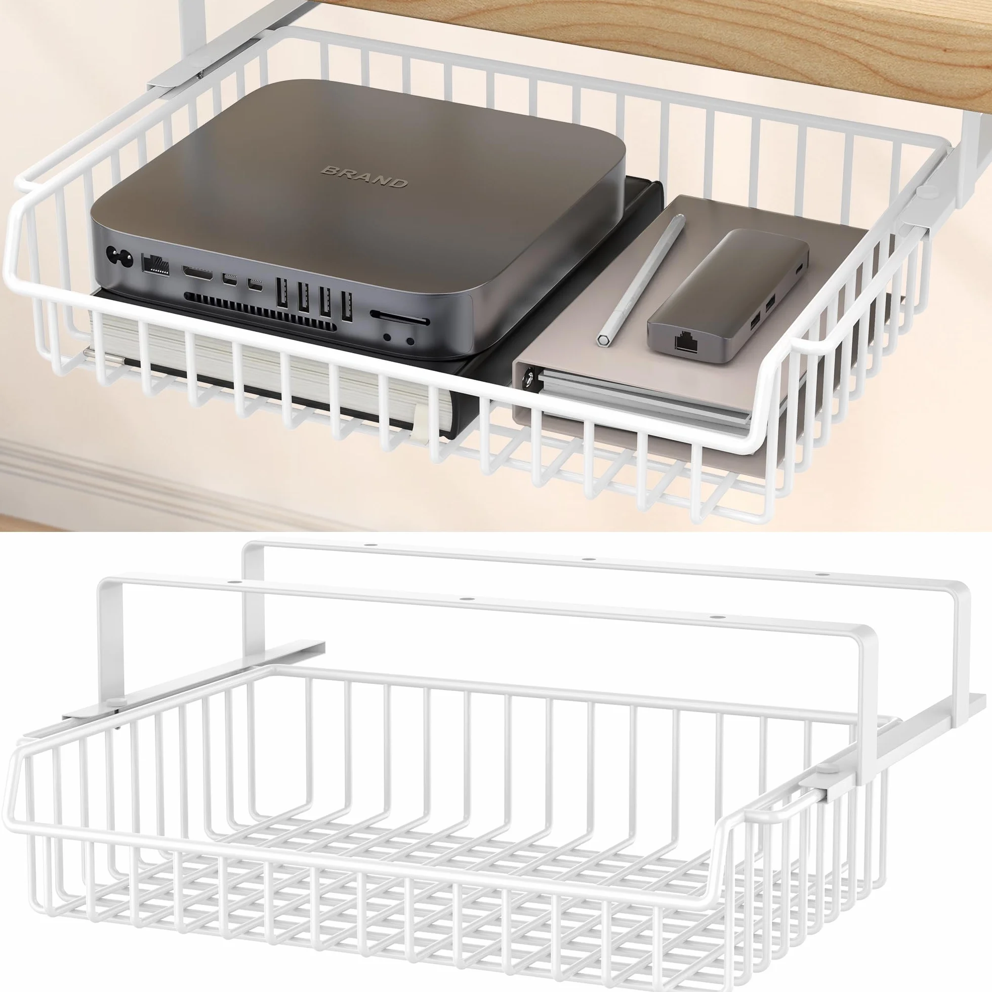 ENONCI Cassetto Sotto la Scrivania, Organizer da Scrivania Nascosto in Metallo, Cassetto Sotto il Tavolo di Grande Capacità per l'ufficio, La Casa e la Scuola, Bianco