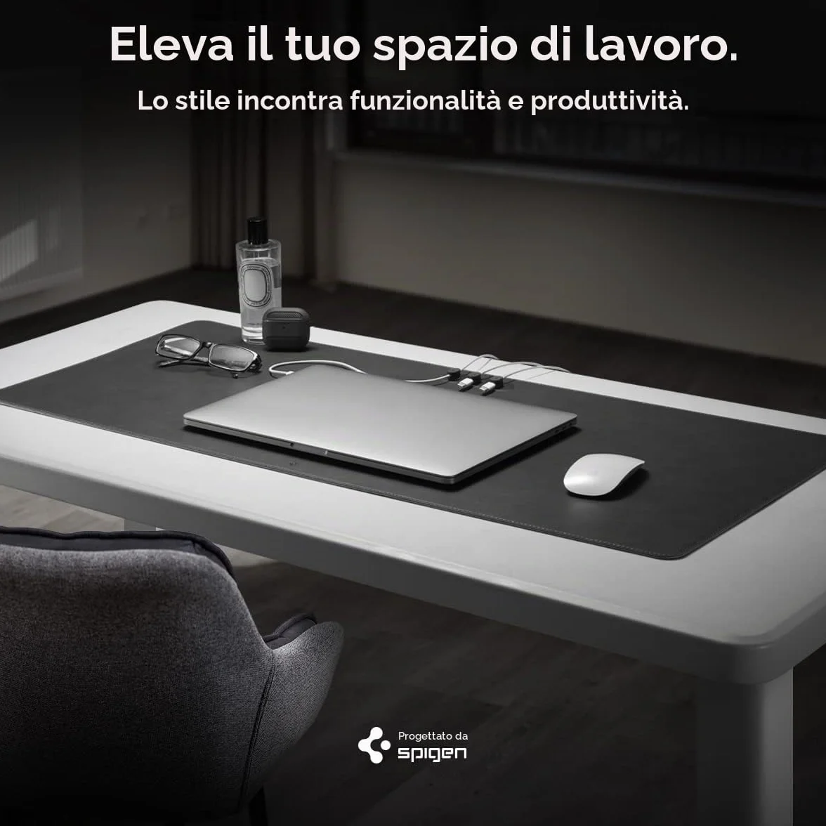 Spigen Tappetino Scrivania in Pelle PU Vegana Velo con Magnete Integrato per Organizzazione Cavi, Sottomano Antiscivolo in Gomma, Tappeto Impermeabile - Nero
