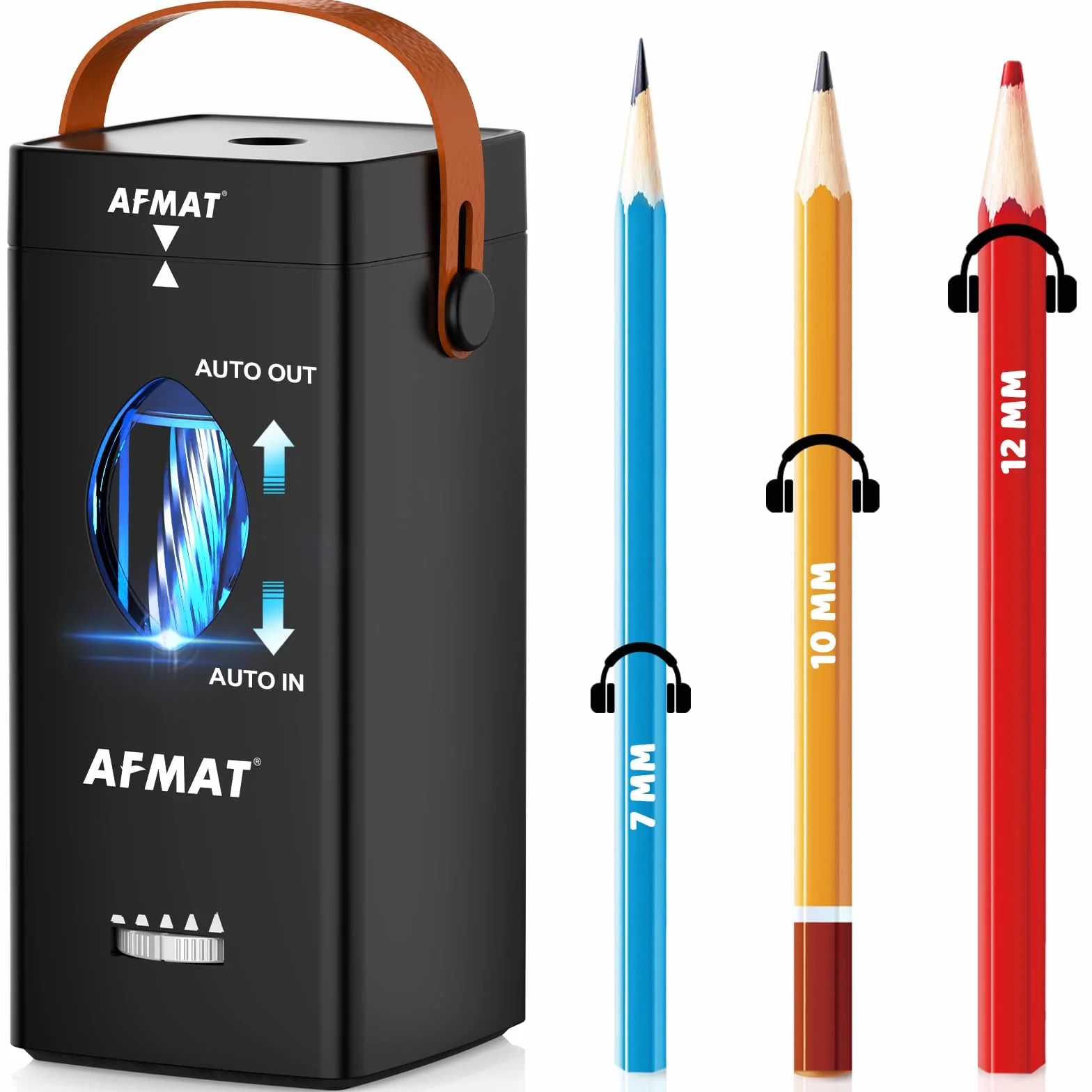 AFMAT Temperamatite Elettrico con Maniglia di Trasporto,Temperino Automatico per Matite Spesse 6,5-12 mm, Pulsante Regolabile,Batteria 2500 mAh, Temperino Portatile per Scuola,Lavoro,Ufficio,Nero PSC7