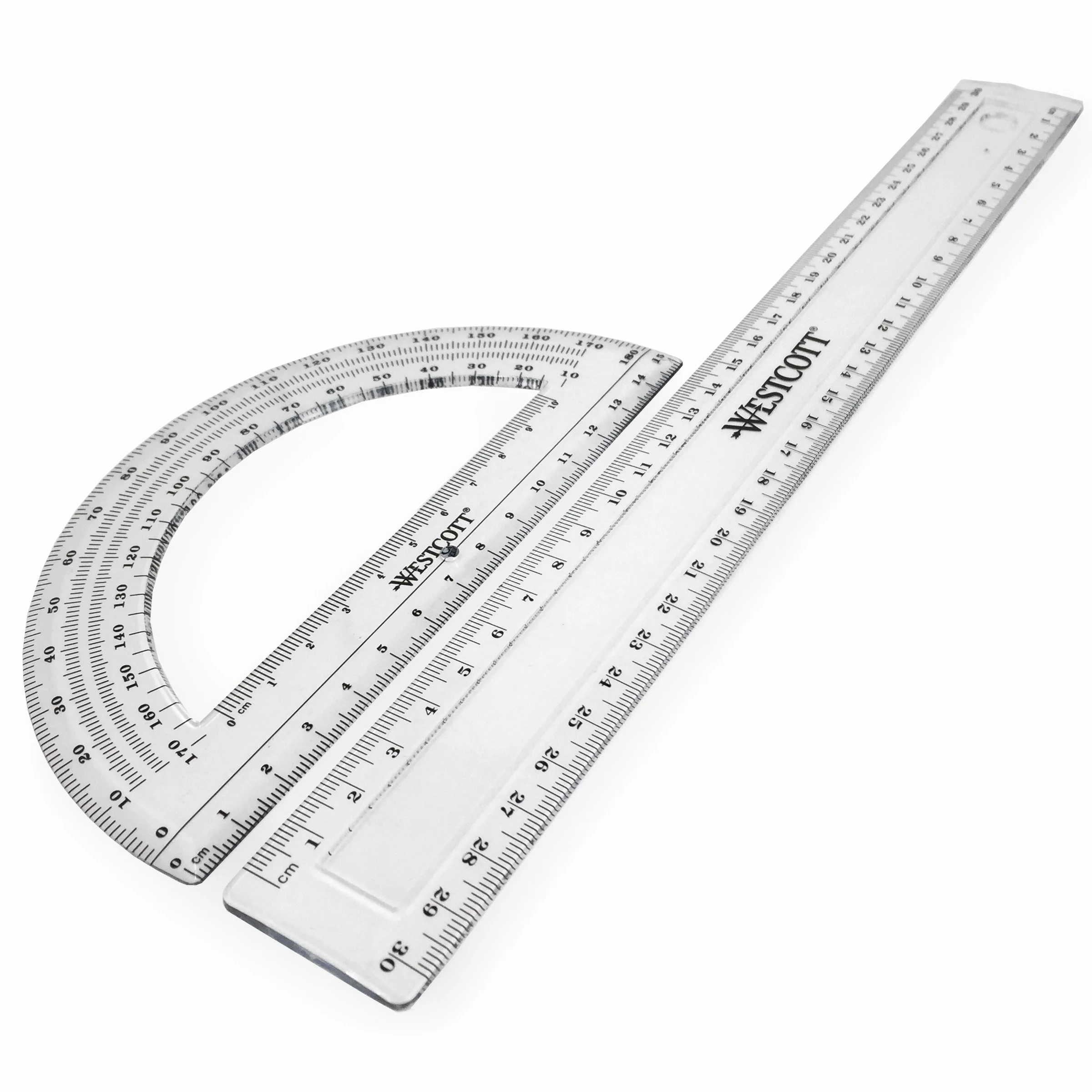 Westcott Set geometrico 4 pezzi righello 30 cm triangoli 45° 60° goniometro 180° plastica trasparente