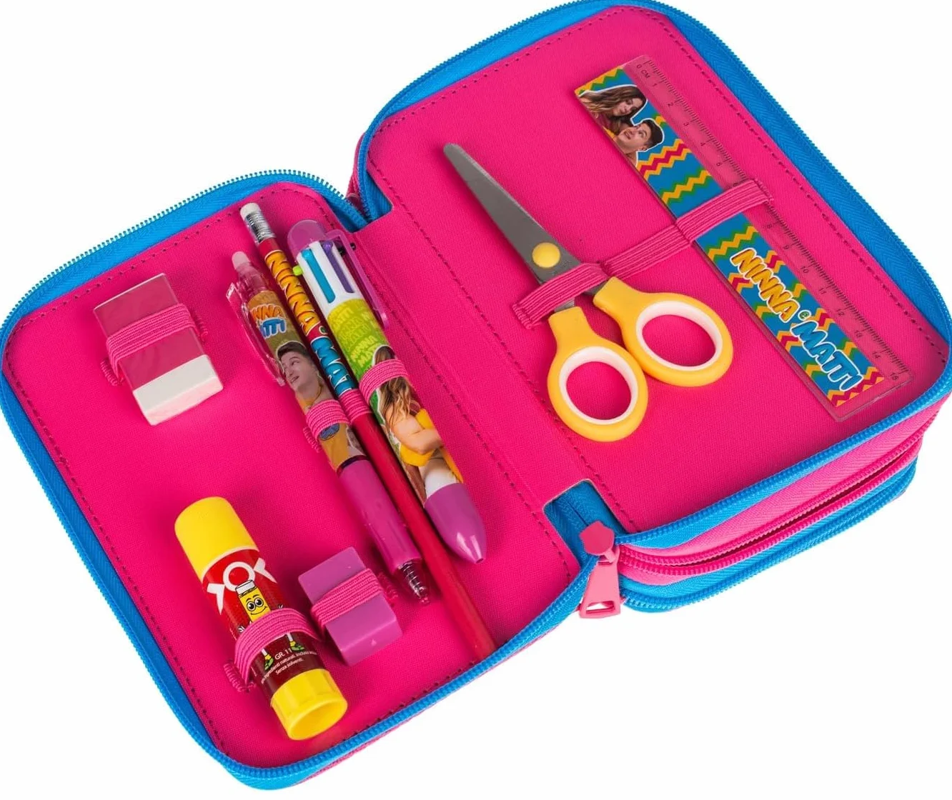 PRESTIGE & DELUXE Astuccio Scuola Ninna e Matti 3 piani completo rosa + omaggio portachiave paillettes e penna colorata
