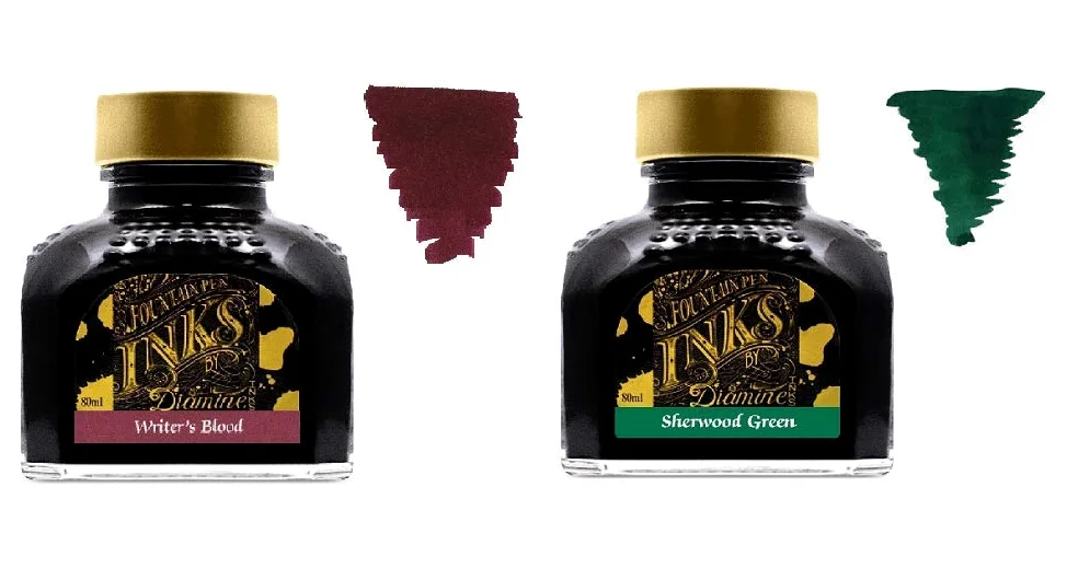 Diamine Inchiostro Per Penna Stilografica 80ml - 2 x Bottiglie - Writers Blood & Sherwood Green