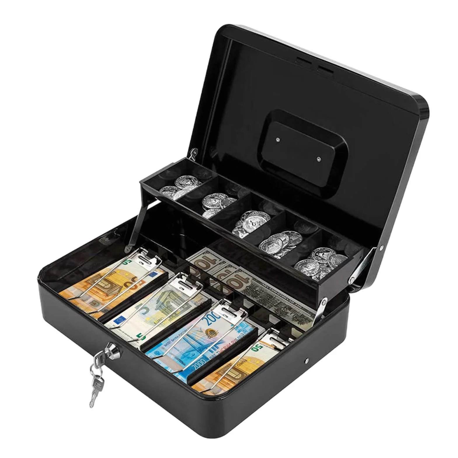 Cassa Bloccabile, Cassa Con Serratura E 2 Chiavi | Vassoio Per Monete | Bloccabile Con 2 Chiavi,Organizzatore Di Risparmio Di Soldi In Metallo, 4 Slot Per Biglietti/5 Monete, Cassetto