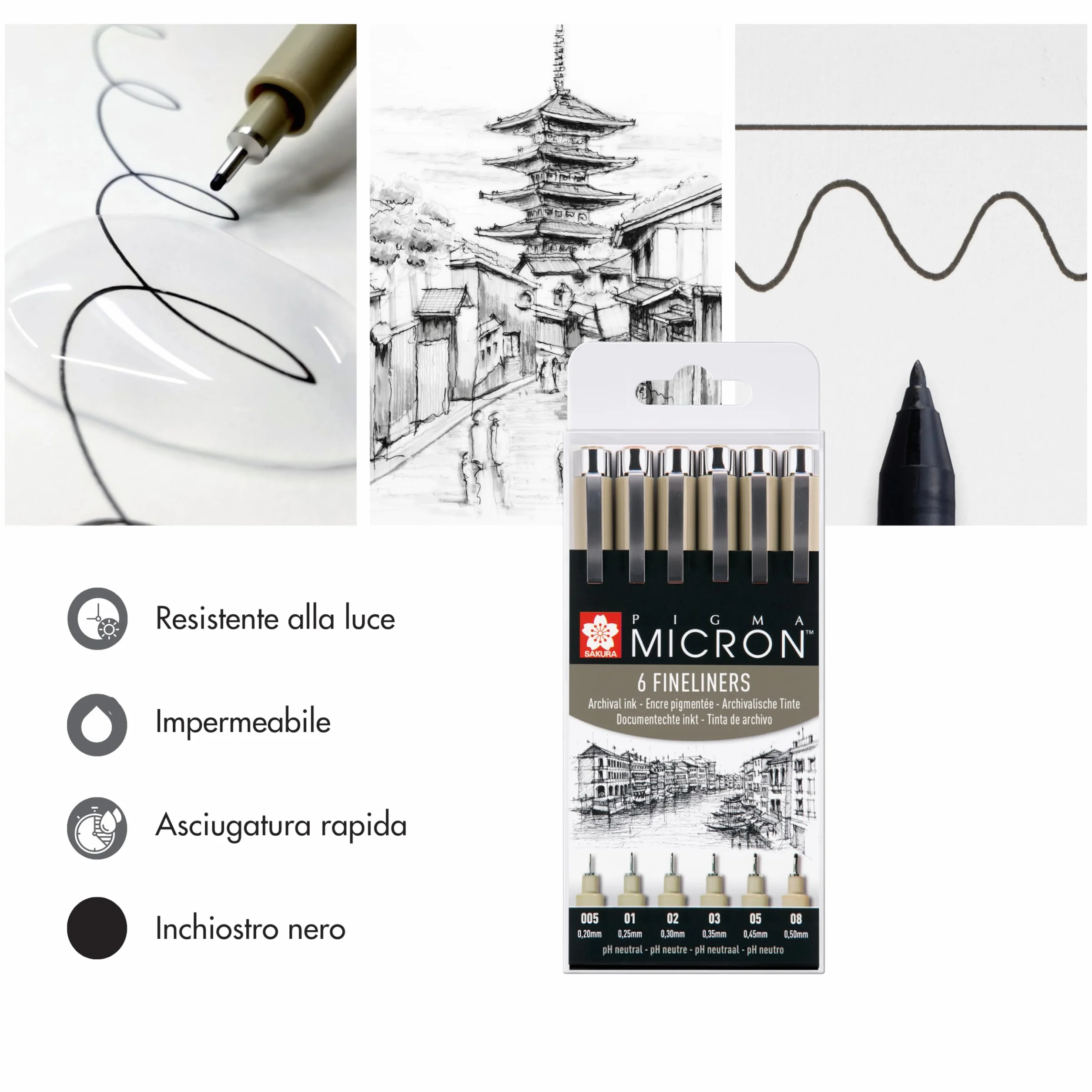 SAKURA Pigma Micron Fineliner Set 6 penne inchiostro nero permanente impermeabile misure assortite