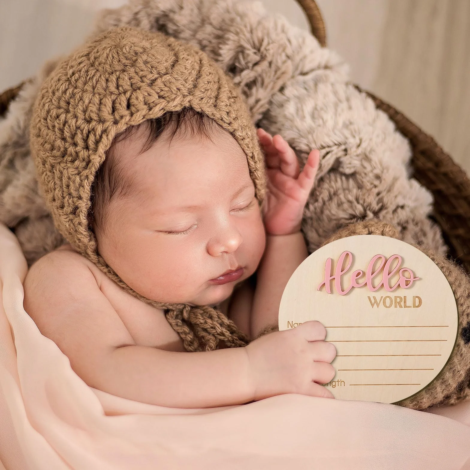 Cartello Annuncio Bambino in Legno 15cm Hello World Carte Milestone Neonato Rosa Chiaro
