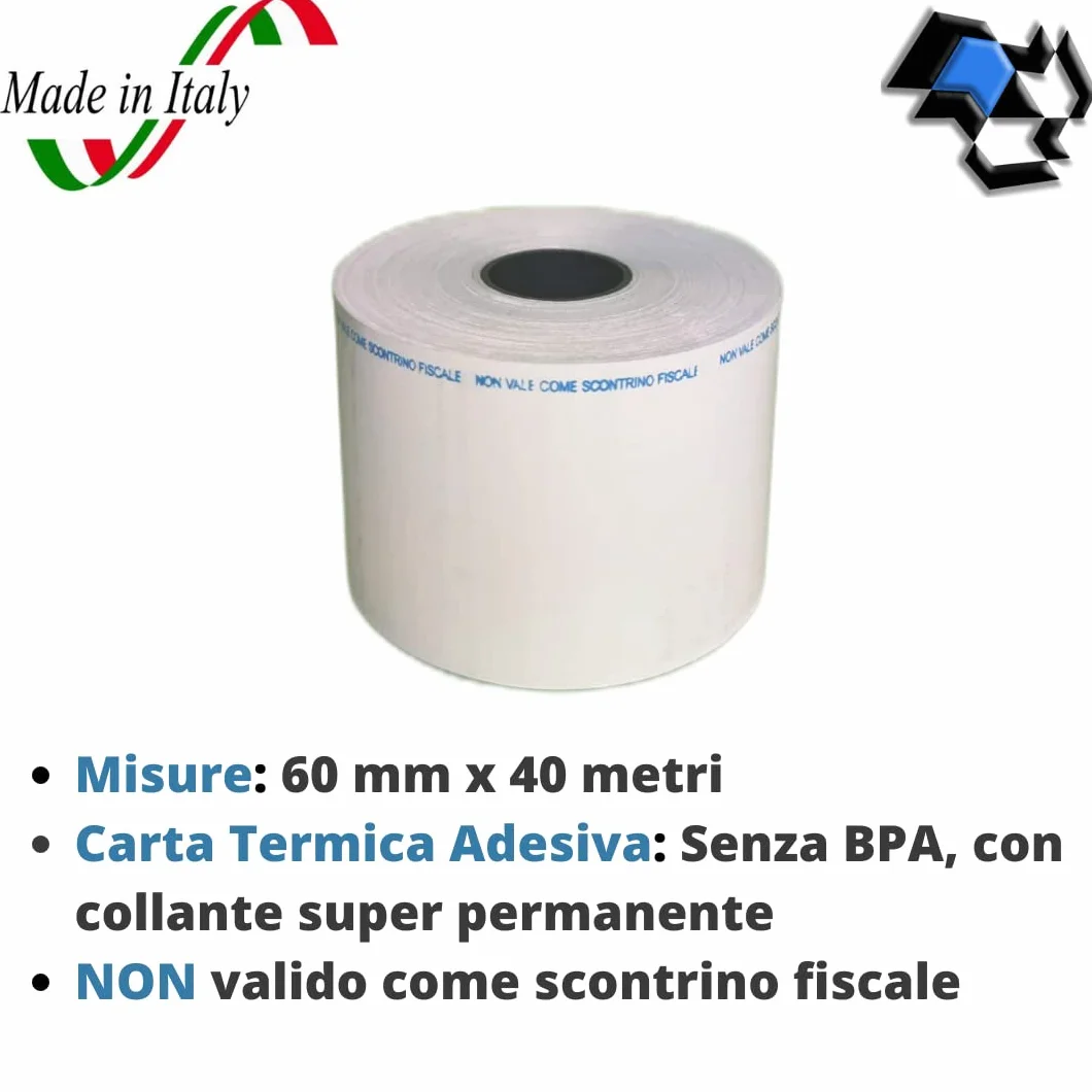 Opendata Rotoli di Carta Termica Adesiva Per Bilancia – Rotolo Termico Adesivo 60x40mt con Anima 25 mm (Confezione da 10 Rotoli)